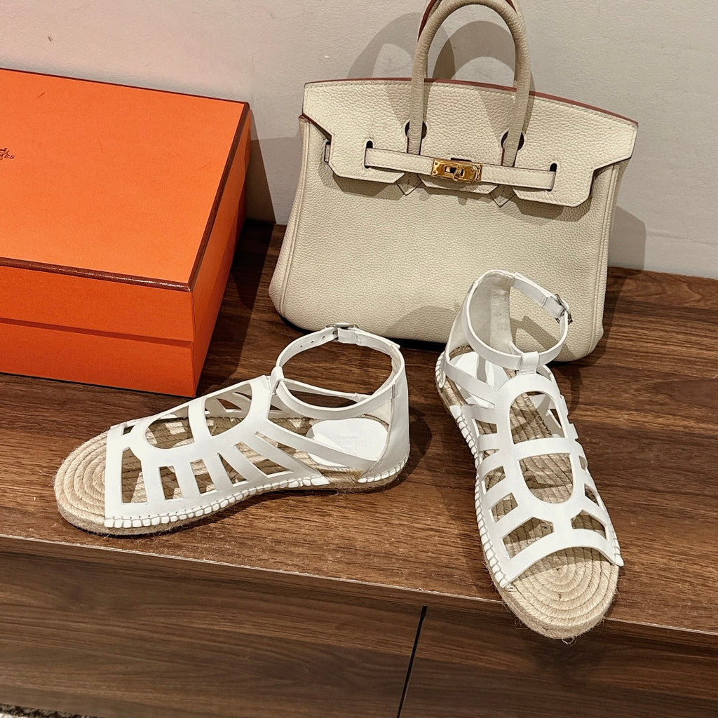 HERMES STRAW SOLE SANDAL WHITE LAMBSKIN