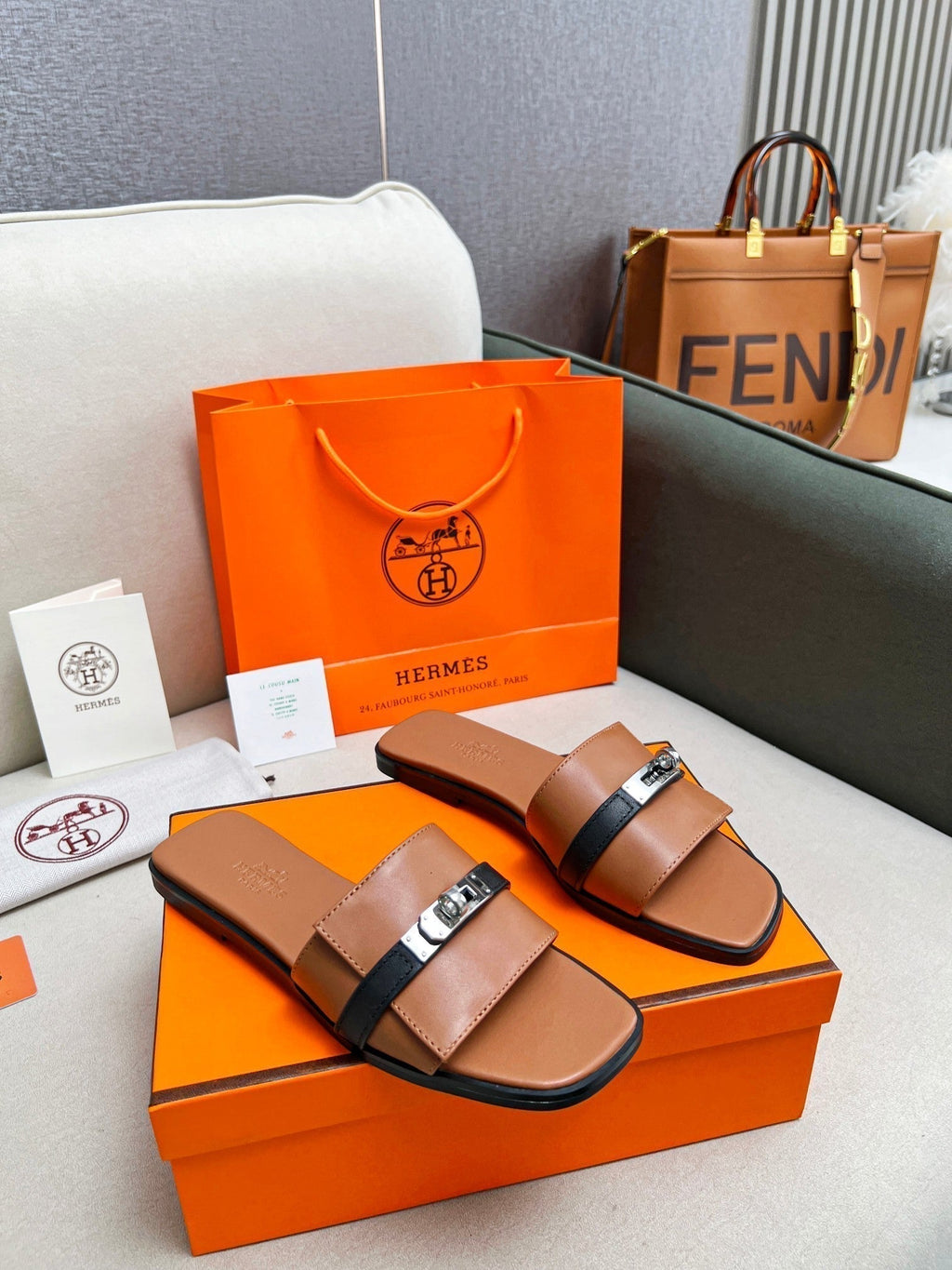 HERMES Giulia Sandal Brown Black Calfskin