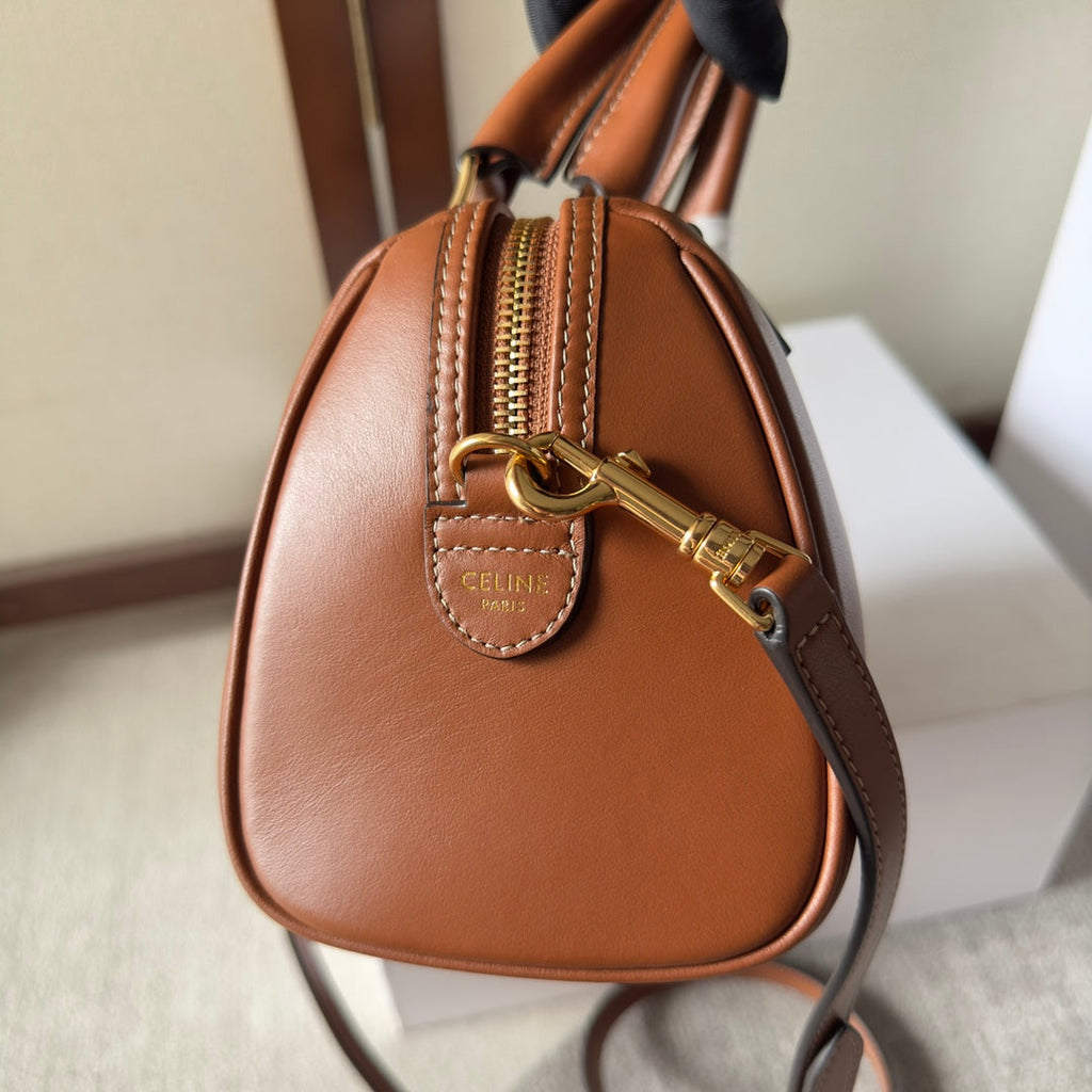 CELINE EMBOSSED  TOP HANDLE BAG 20 IN BROWN CALFSKIN