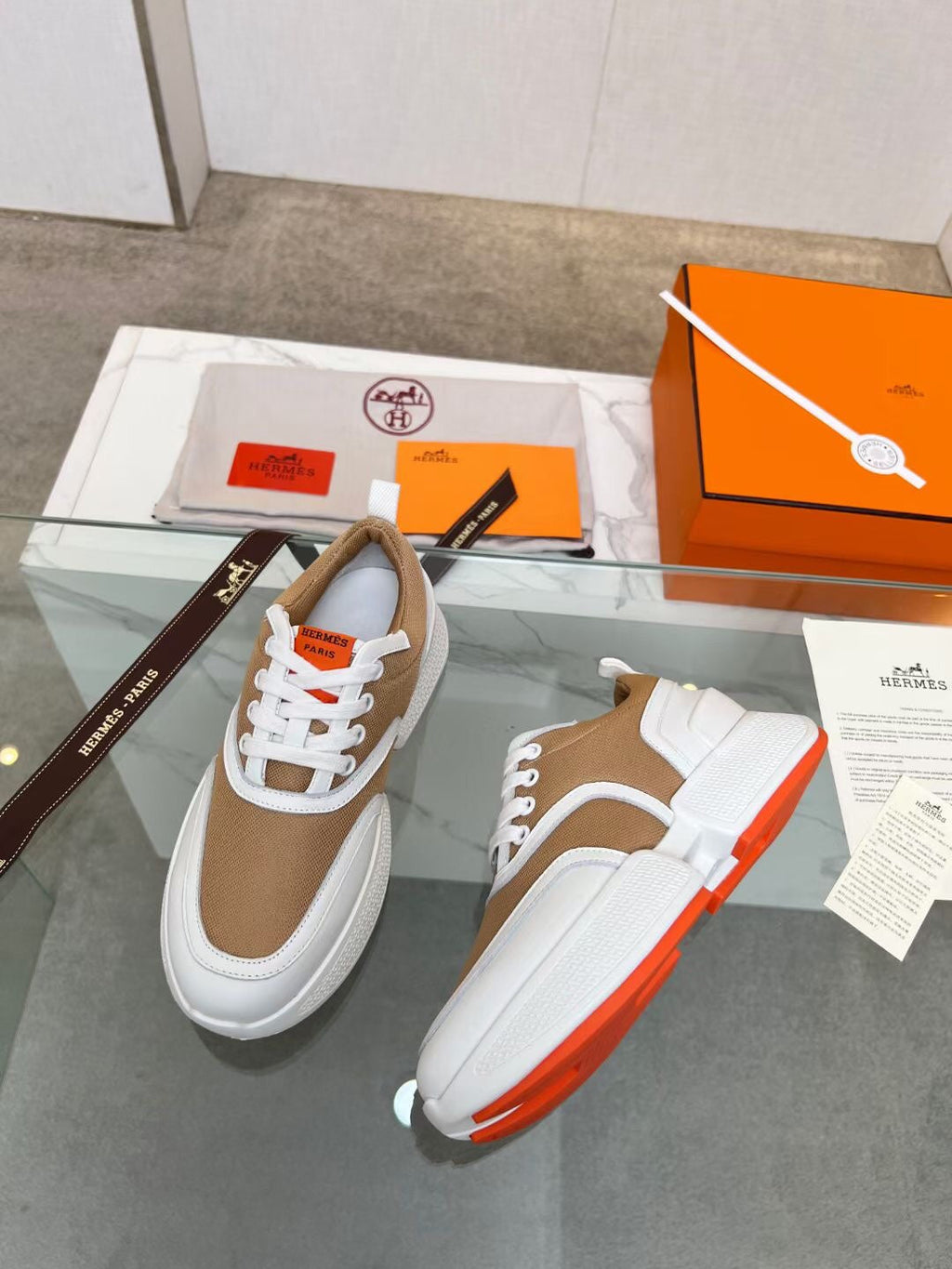 HERMES GIGA SNEAKER CARAMEL MIX WHITE CALFSKIN