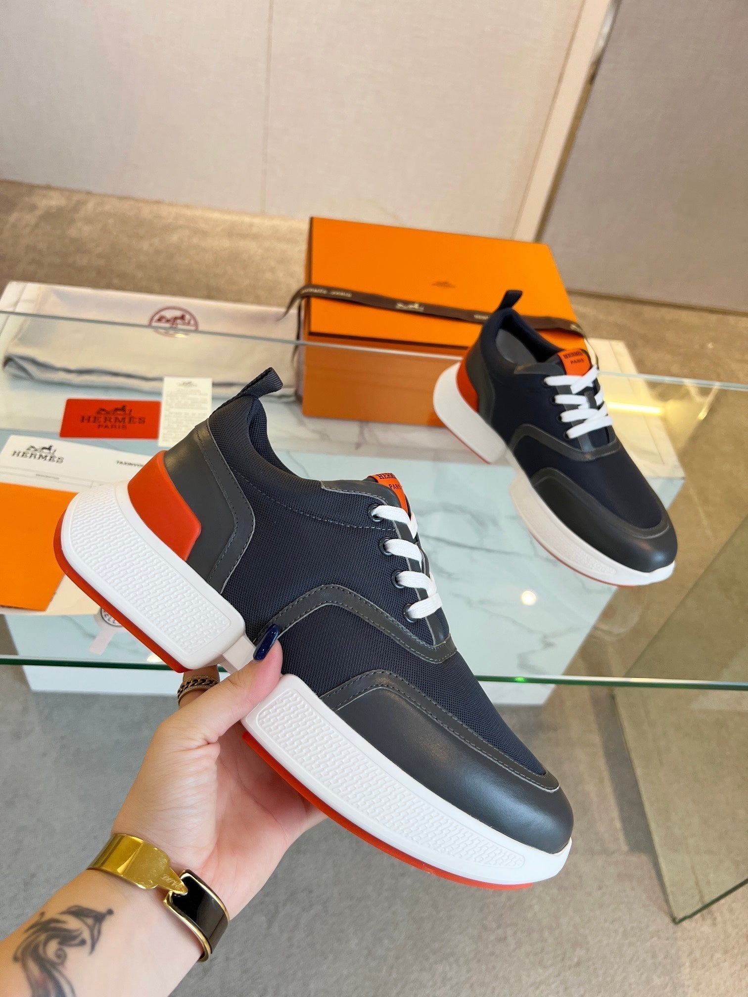 HERMES GIGA SNEAKER BLACK CALFSKIN BLACK SOLE