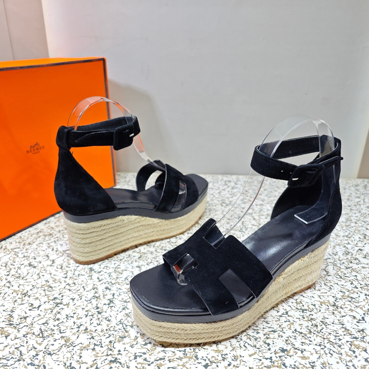 HERMES ELDA ESPADRILLE 80 BLACK SUEDE