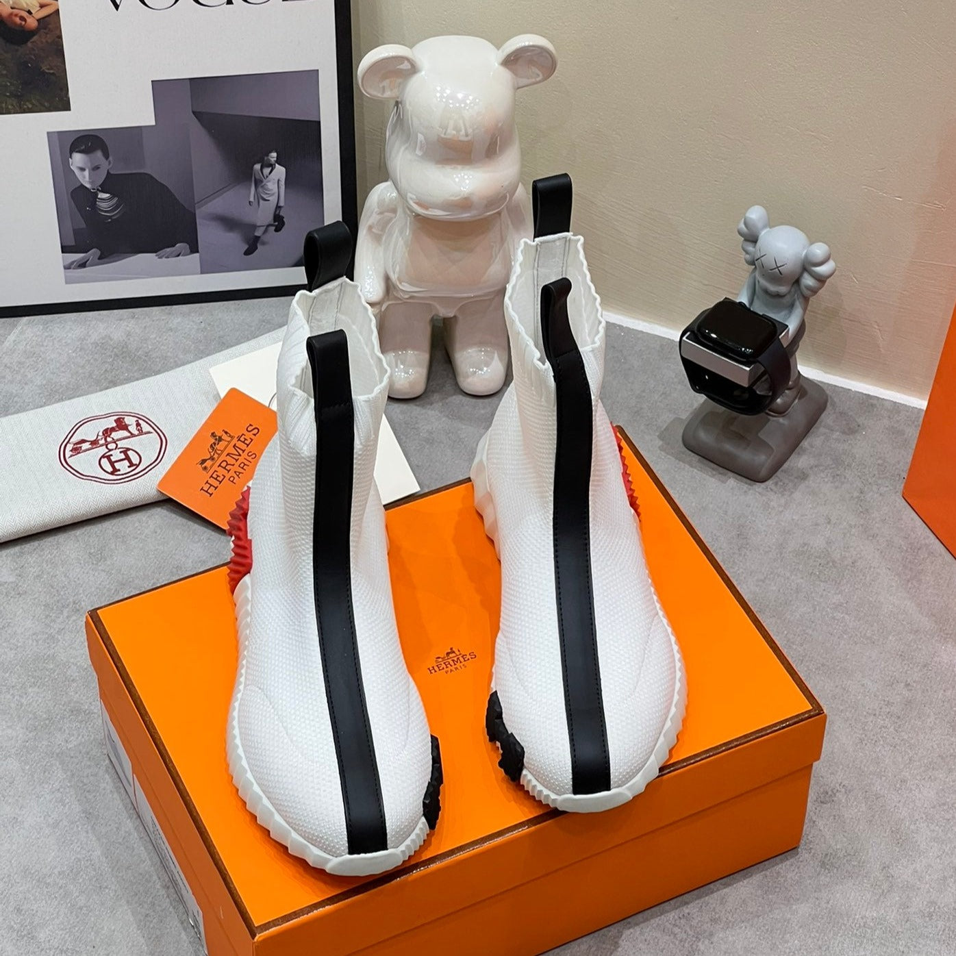 HERMES H FUN CLASSIC SNEAKER STYLISH WHITE AND BLACK LINE FABRIC