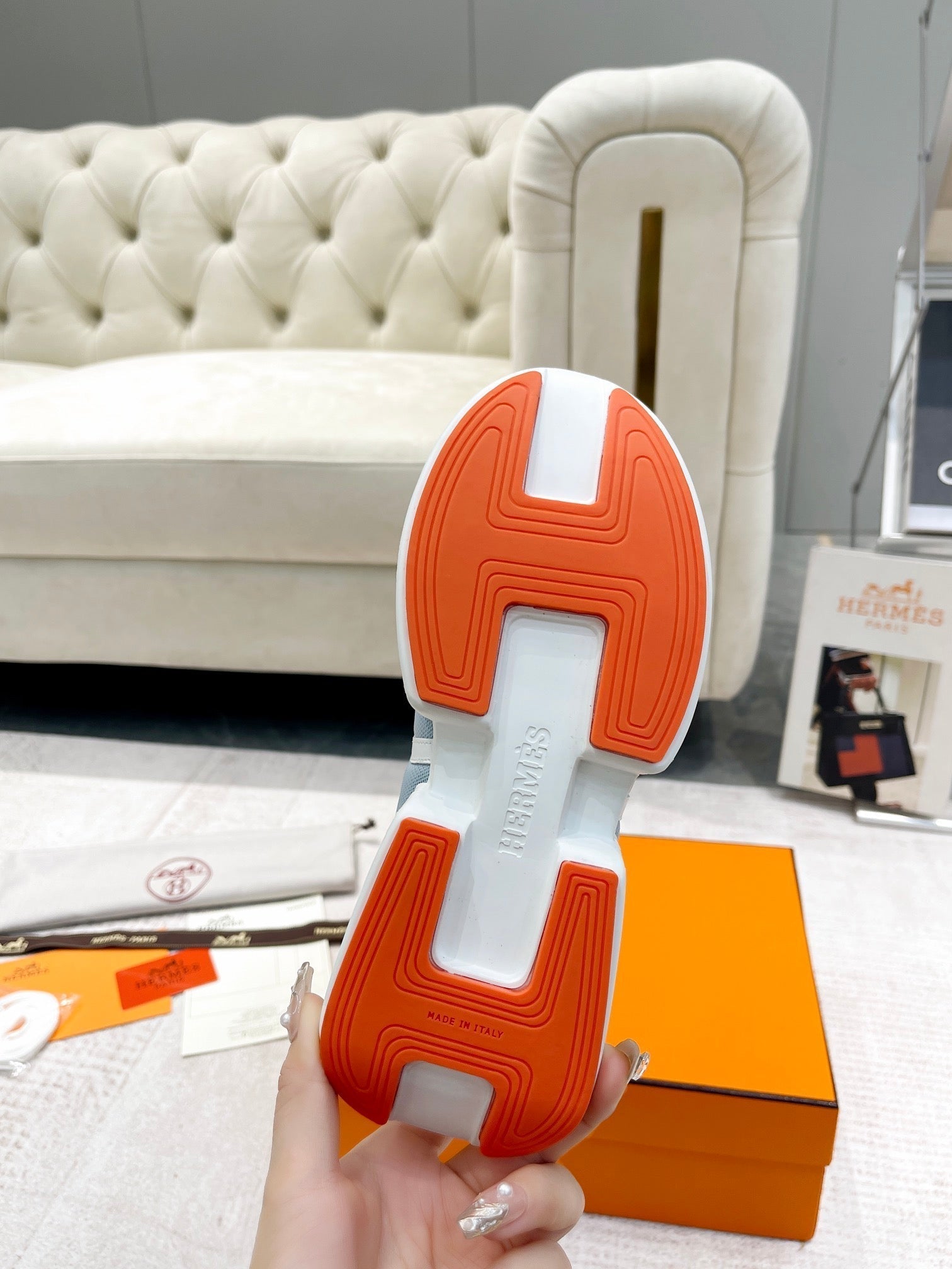 HERMES GIGA SNEAKER IN POWDER BLUE STITCHED MESH AND WHITE CALFSKIN