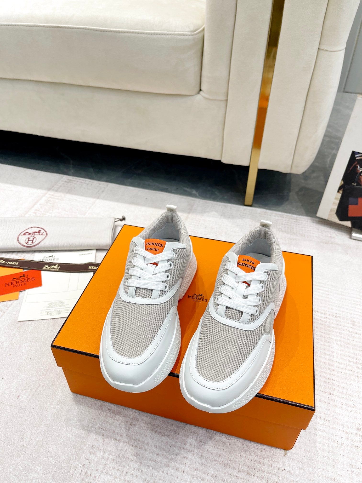 HERMES GIGA SNEAKER IN HARBOR GRAY STITCHED MESH AND WHITE CALFSKIN