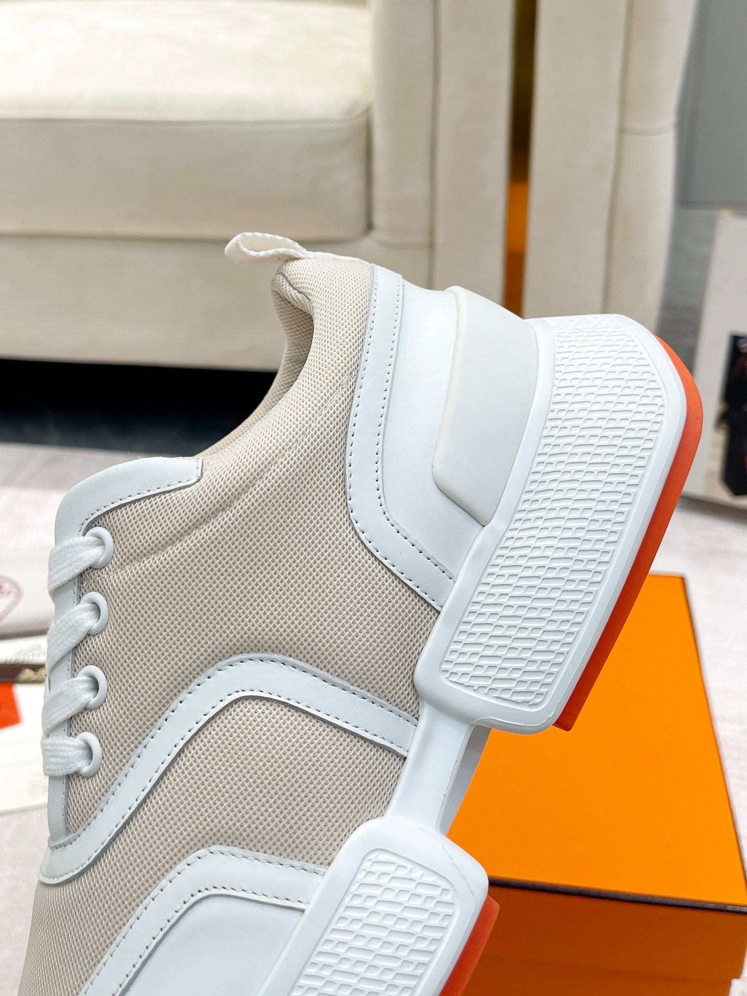 HERMES GIGA SNEAKER IN TAN BROWN STITCHED MESH AND WHITE CALFSKIN