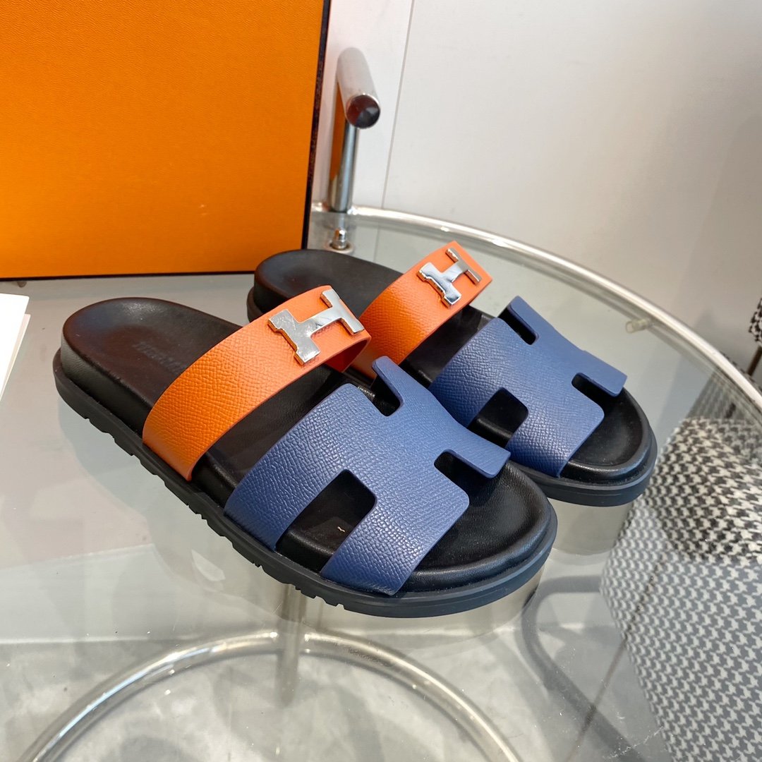 HERMES Chypre Sandal Charcoal Blue Leather