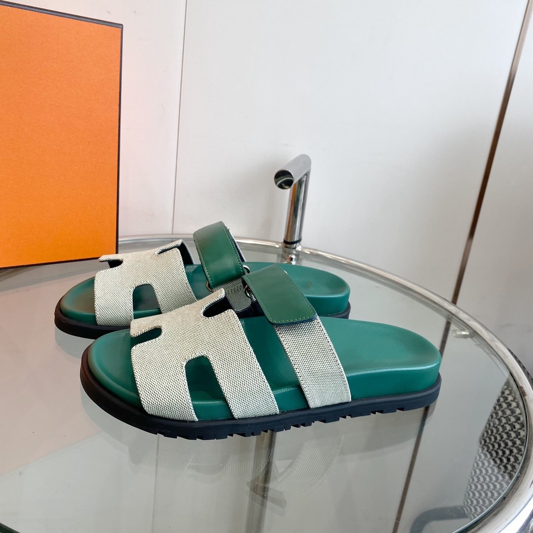 HERMES Chypre Canvas Sandal Tiff Leather
