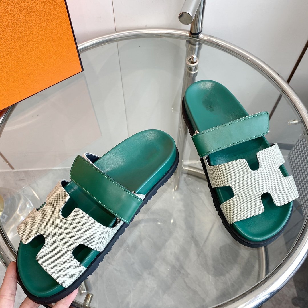 HERMES Chypre Canvas Sandal Tiff Leather