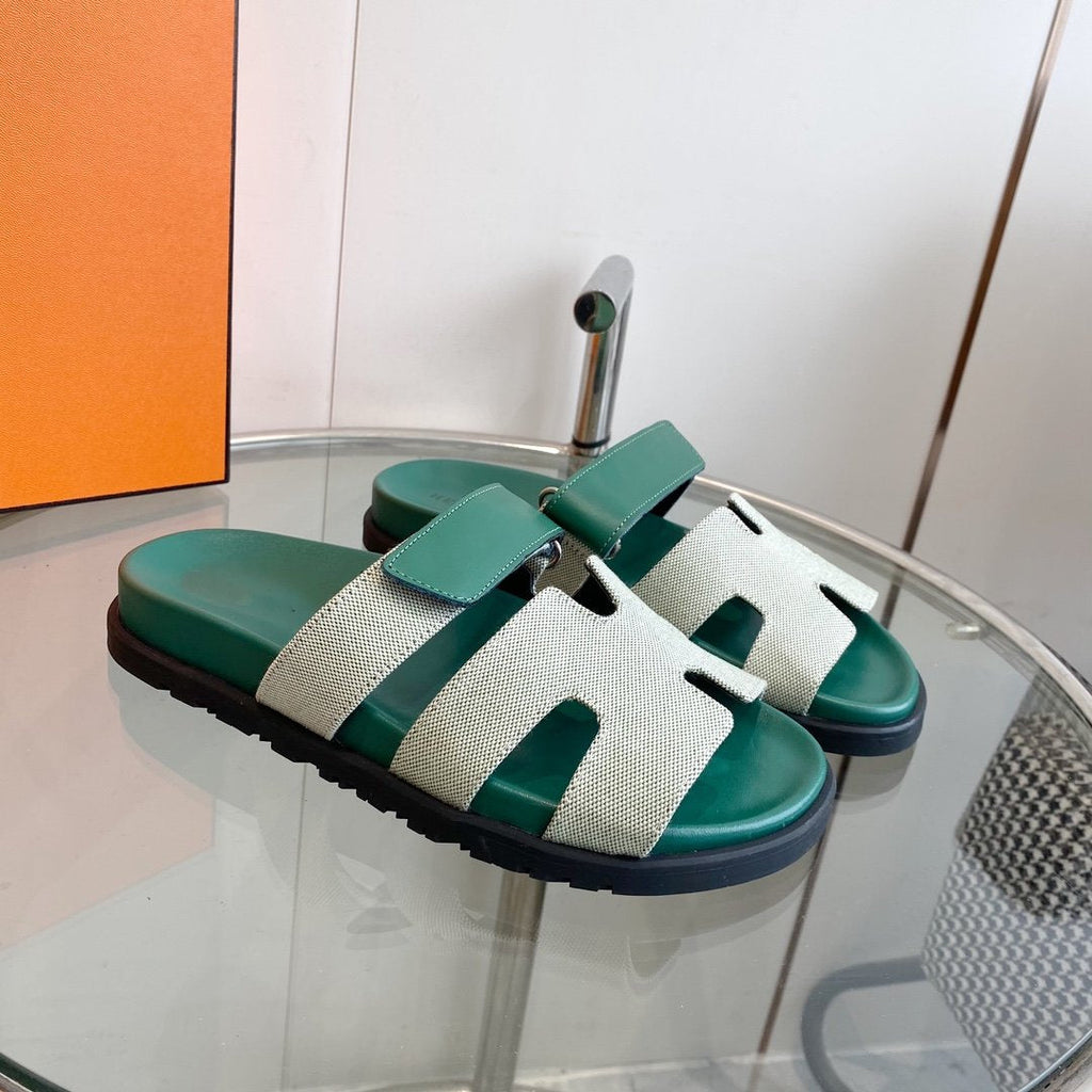 HERMES Chypre Canvas Sandal Tiff Leather