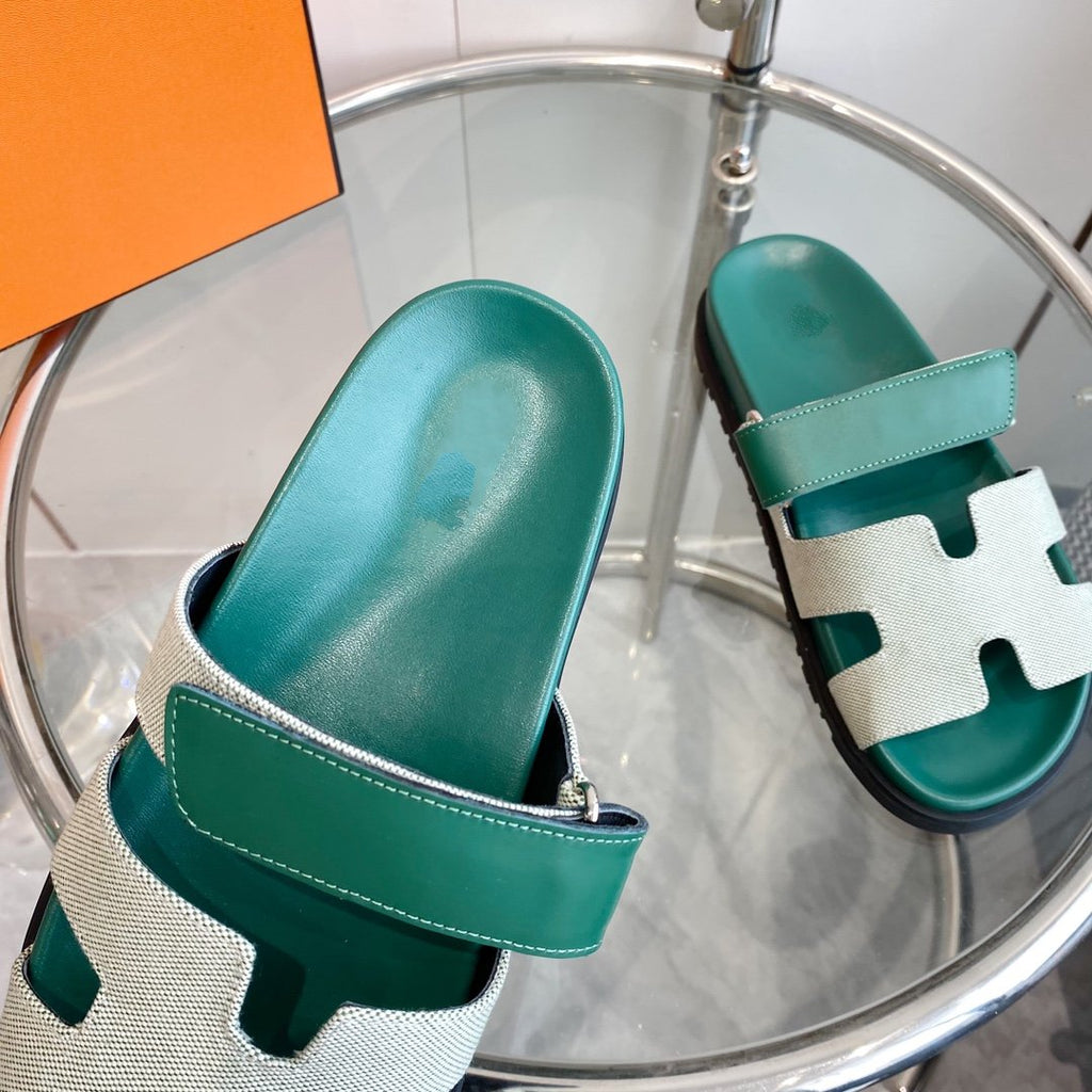 HERMES Chypre Canvas Sandal Tiff Leather
