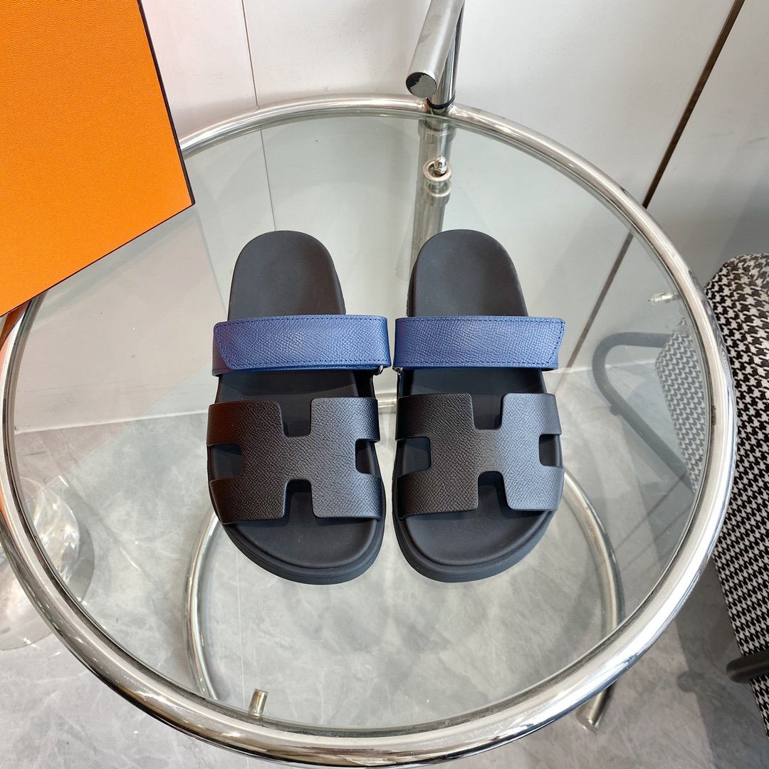 HERMES Chypre Sandal Black with blue straps Leather