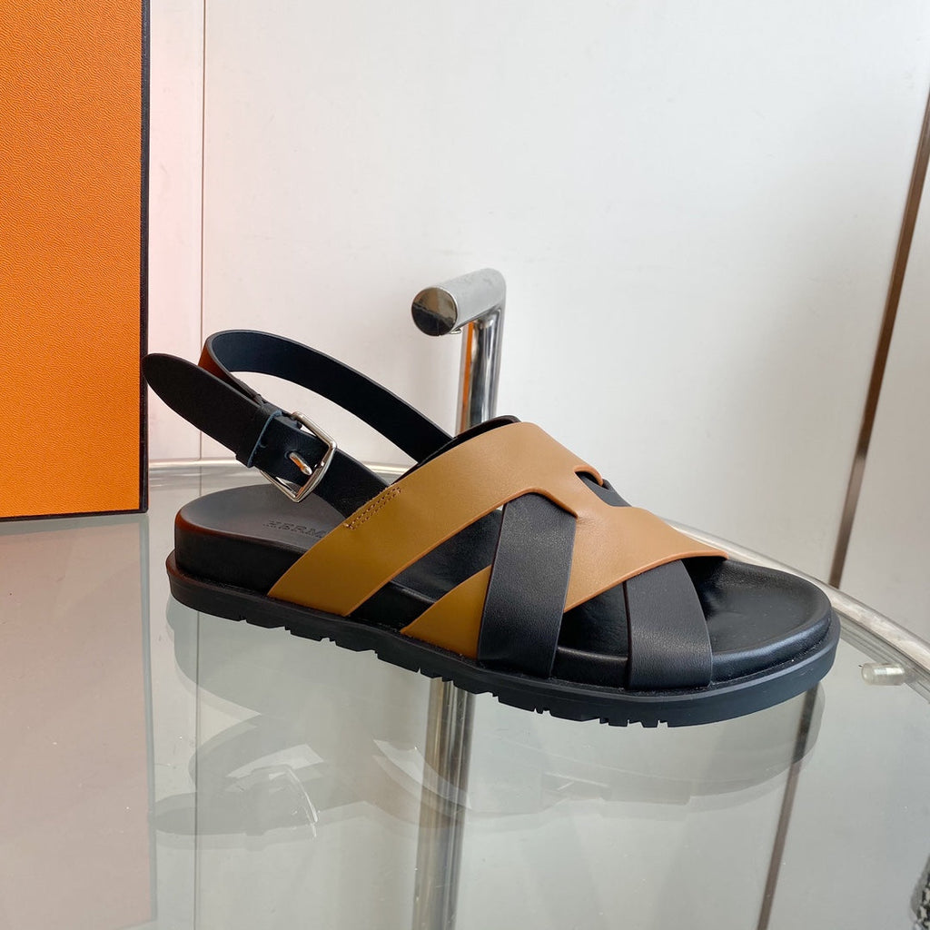 HERMES Genius Sandal Slingback Black/Brown Calfskin Leather