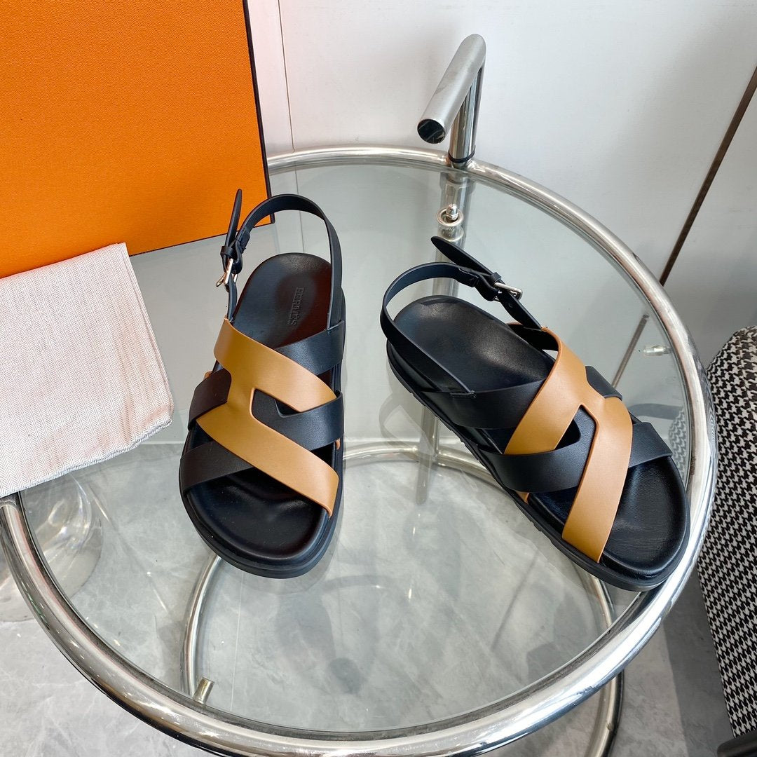 HERMES Genius Sandal Slingback Black/Brown Calfskin Leather