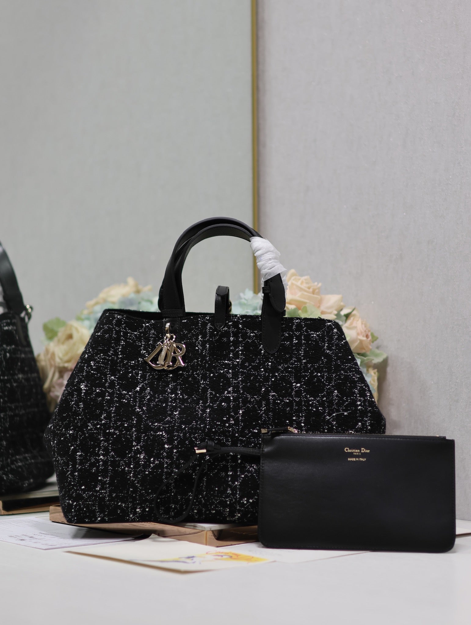 DIOR TOUJOURS BAG 37 IN BLACK MIX WHITE CANNAGE TWEED WITH GOLD HARDWARE