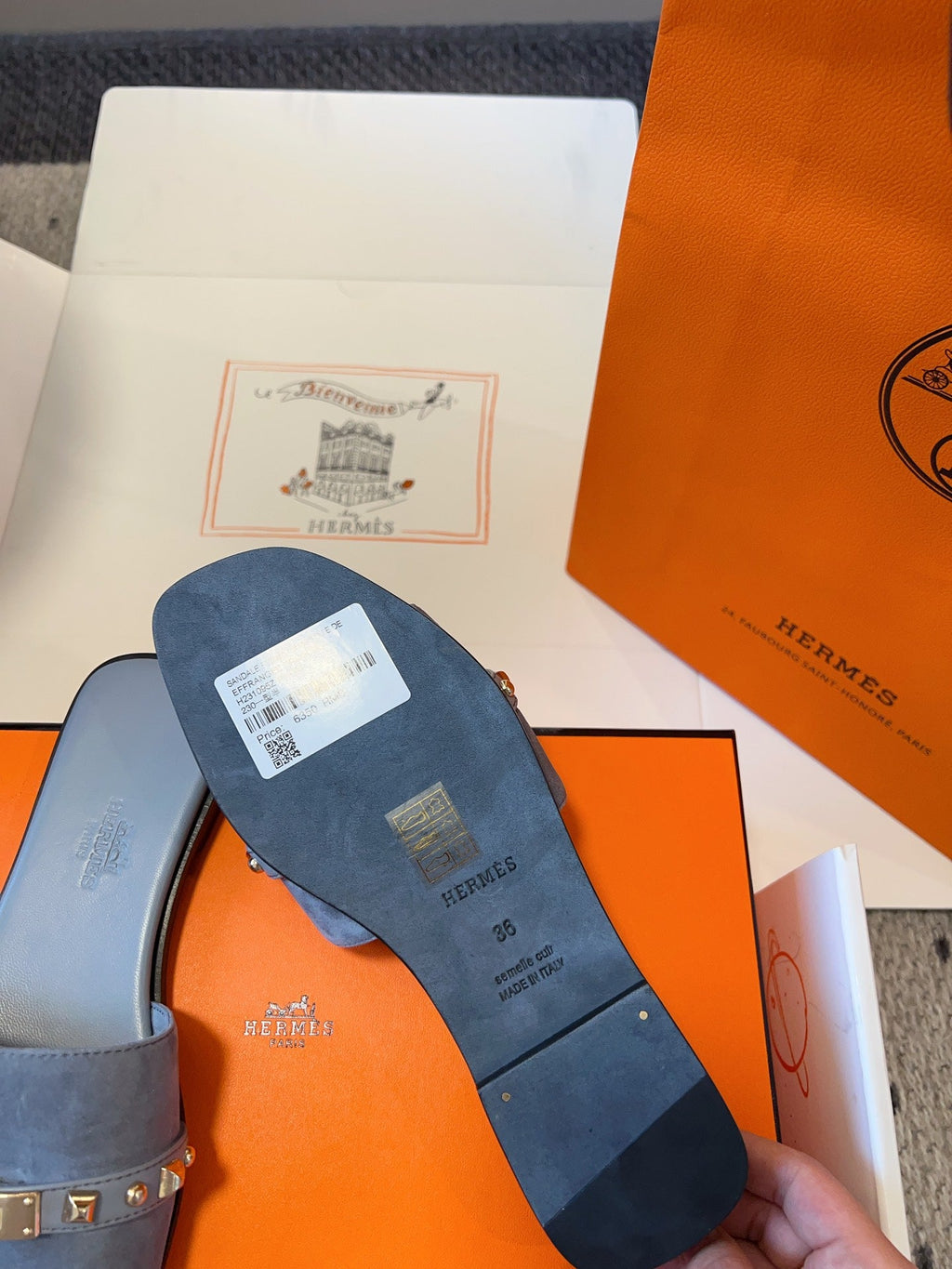 HERMES GIULIA FLAT SANDAL IN CERULEAN BLUE SUEDE