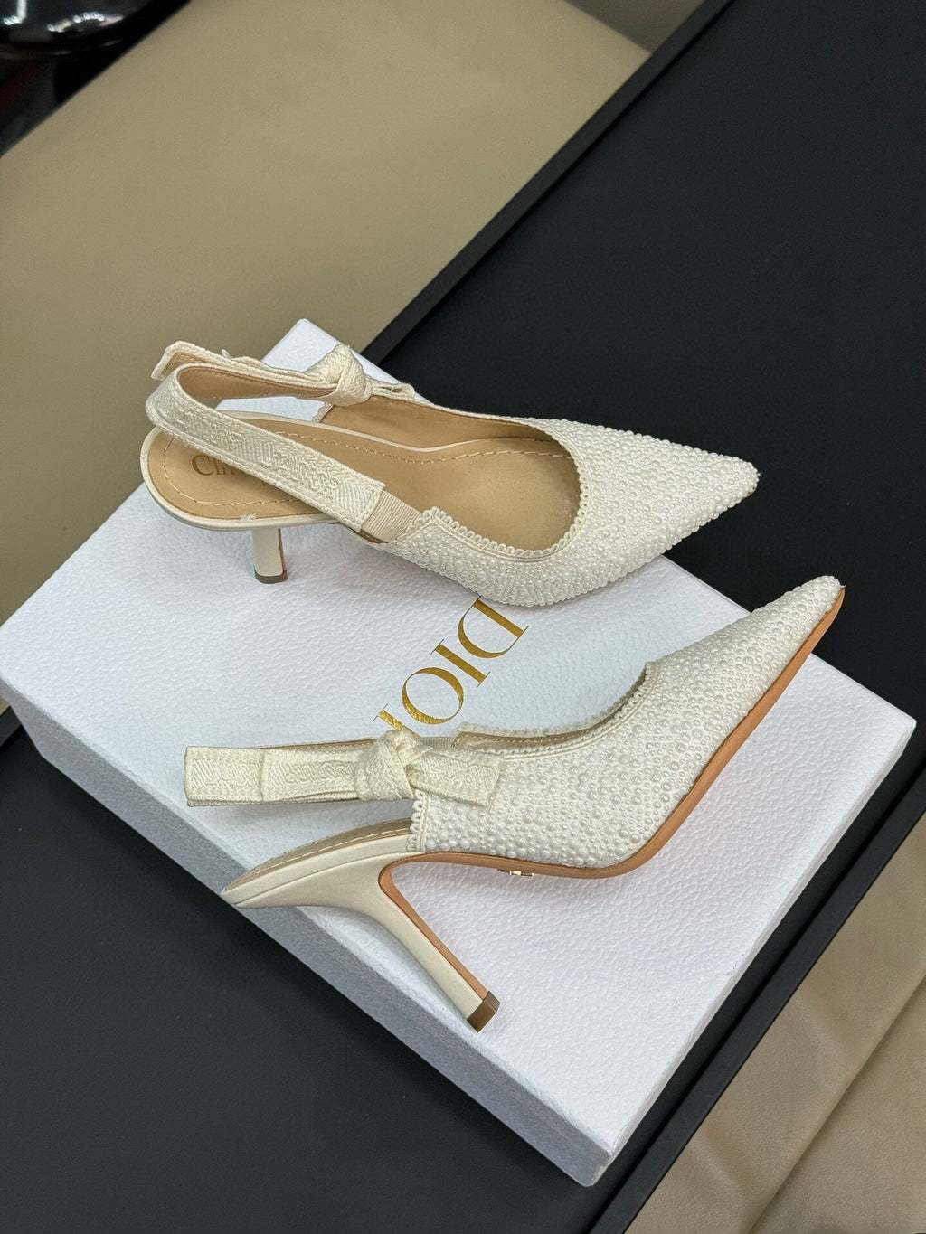 DIOR J'A POINTED TOE SLINGBACK PUMPS IN WHITE BEADED FABRIC