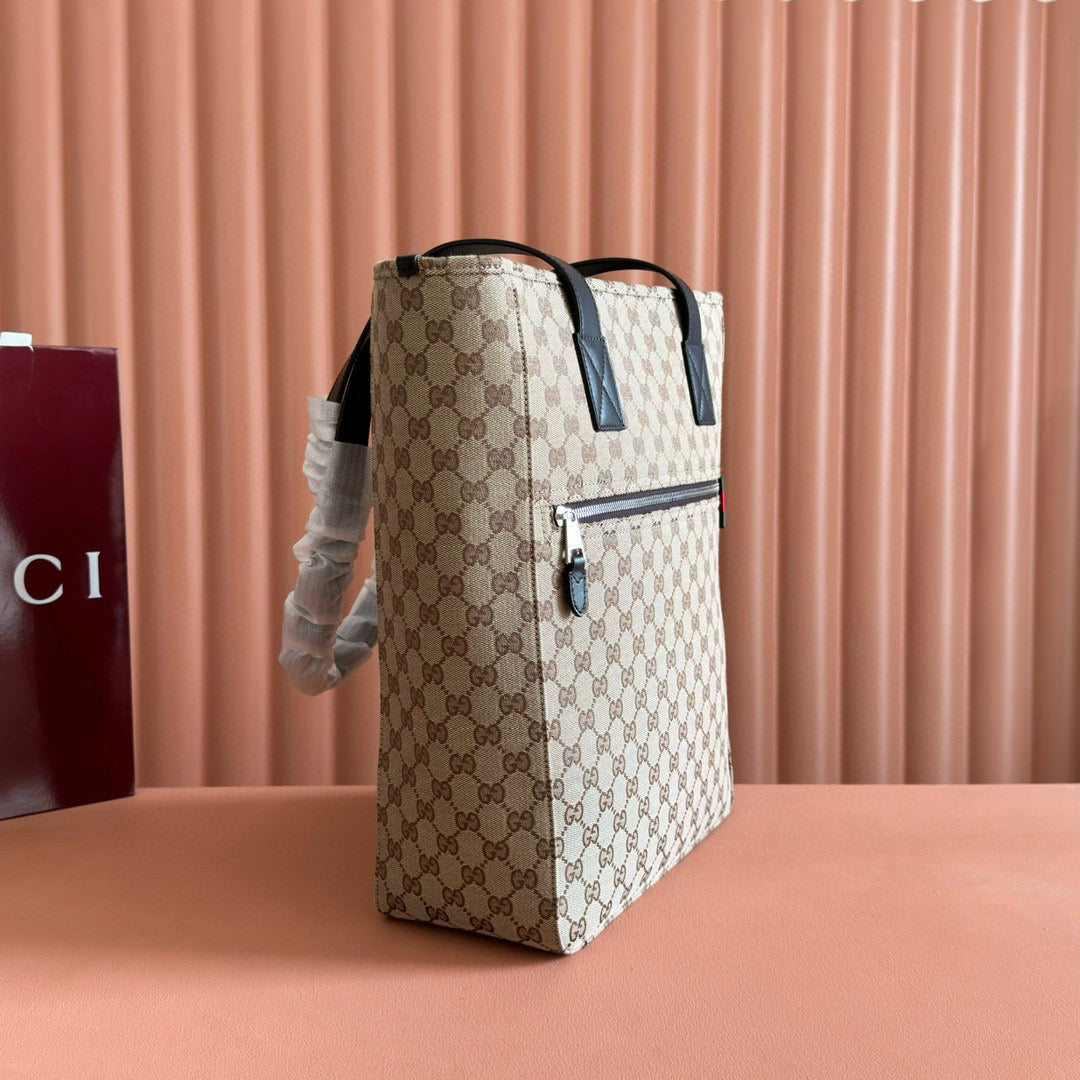 GUCCI OPHIDIA FRONT ZIP POCKET TOTE BAG 36 IN BEIGE AND BROWN CANVAS