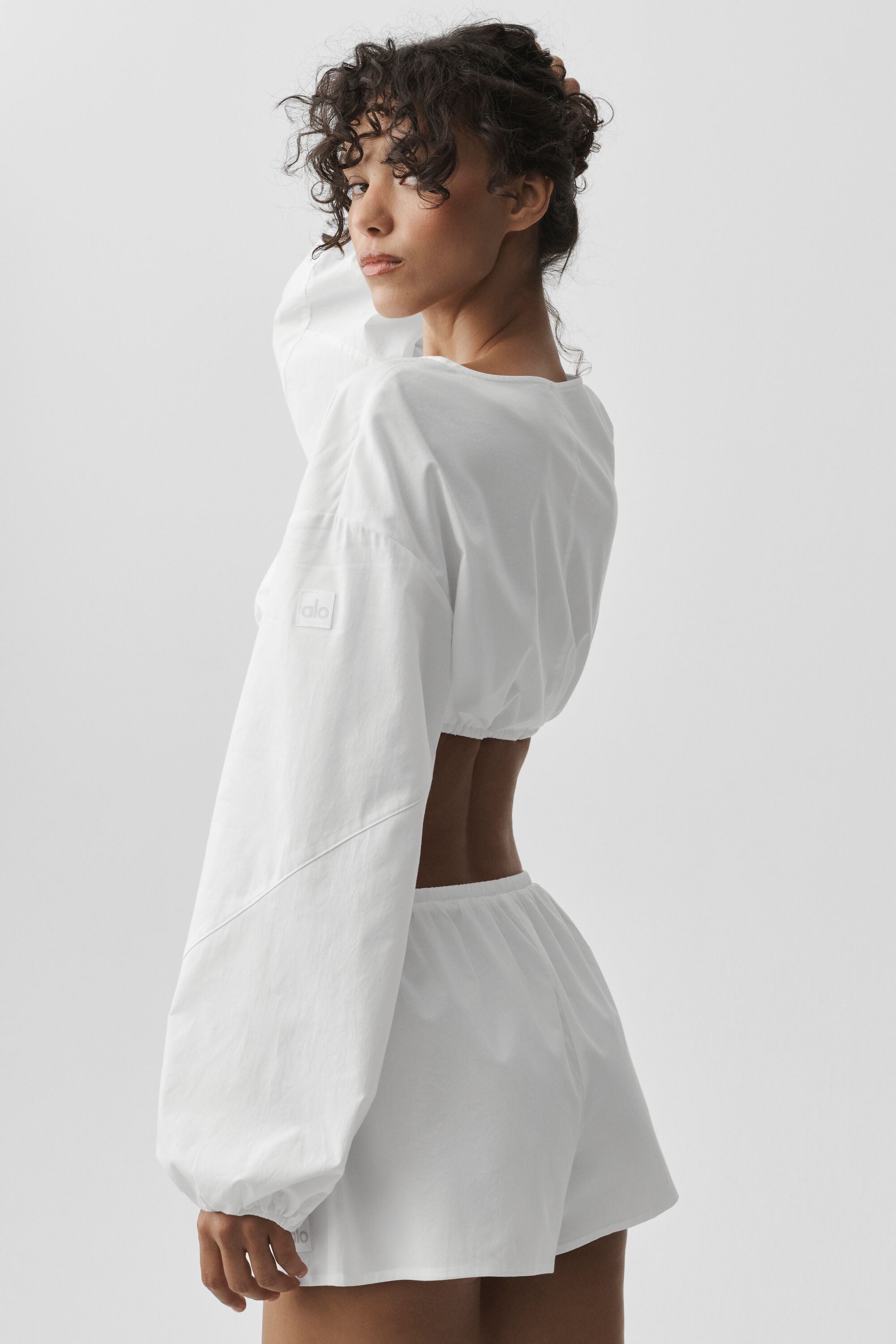 Women's Cotton Cropped Long Sleeve Yoga Top - Soft Breathable Crop Sweatshirt in White