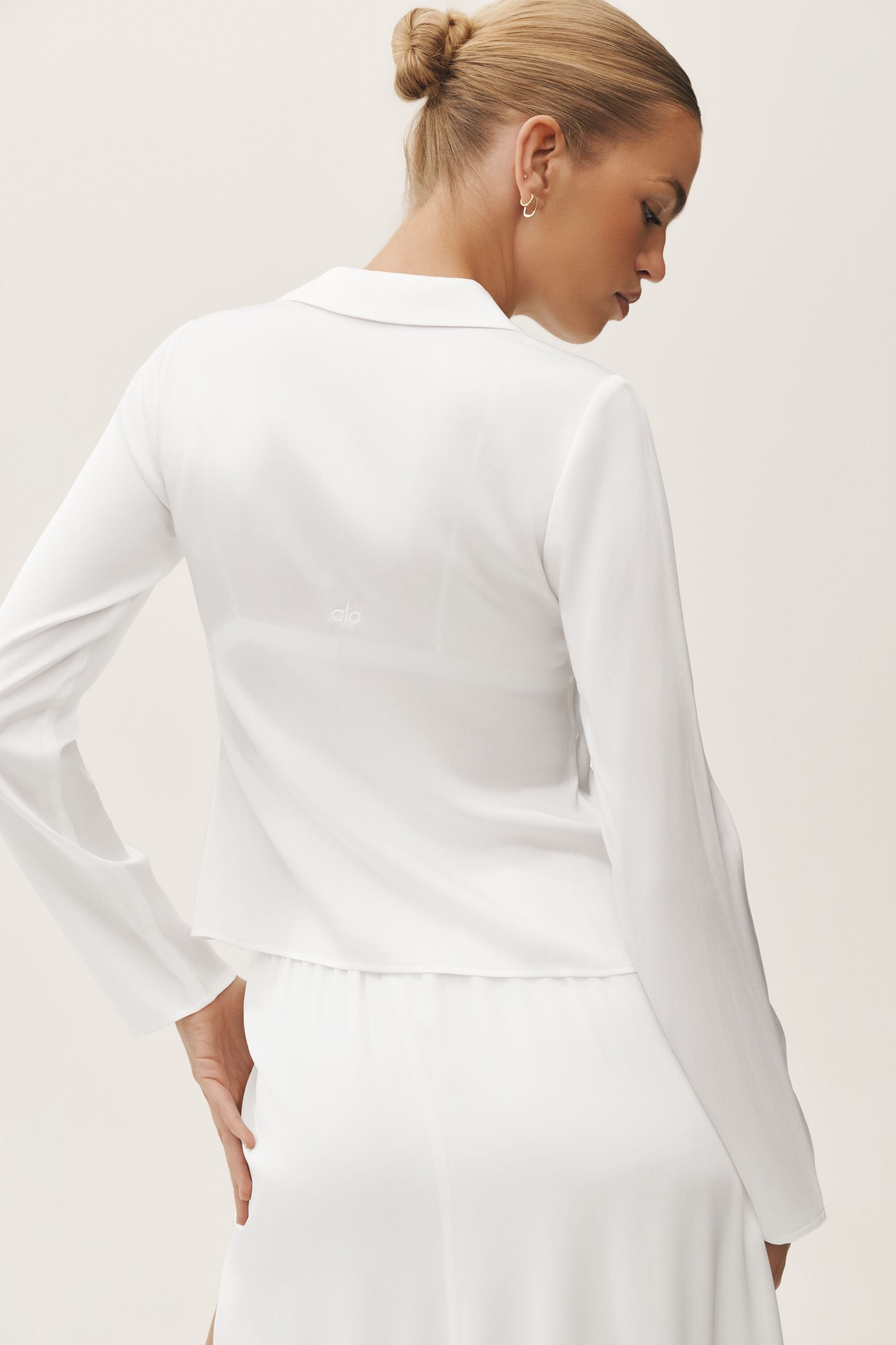 Women's Silk Blend Long Sleeve Yoga Top - Lightweight Luxe Athletic Top in White