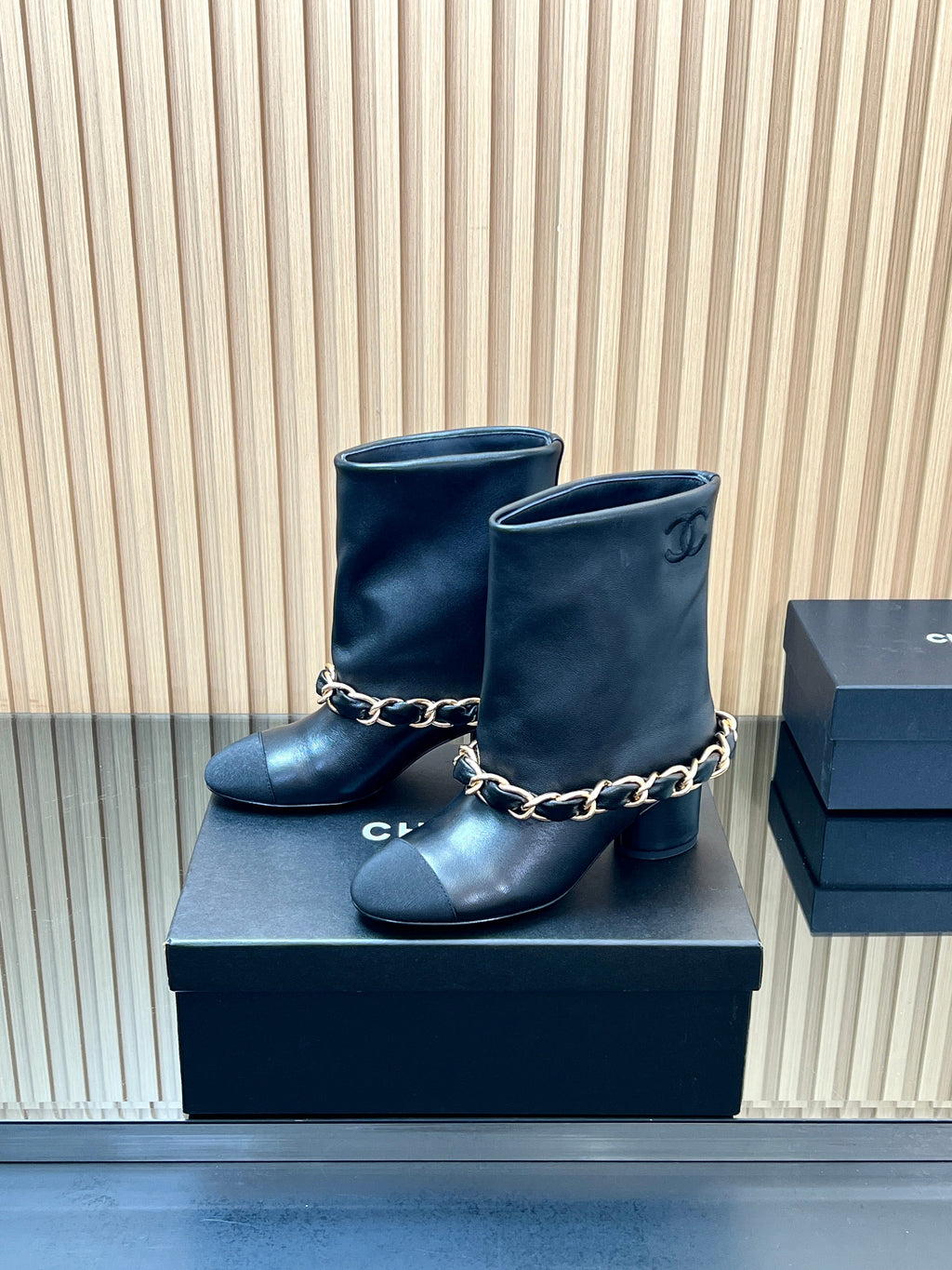 CHANEL 25S LOW BOOTS 65MM IN BLACK CALFSKIN GOLD HARDWRE