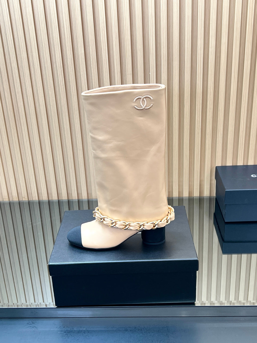 CHANEL 25S HIGH BOOTS 65MM IN BEIGE CALFSKIN GOLD HARDWARE