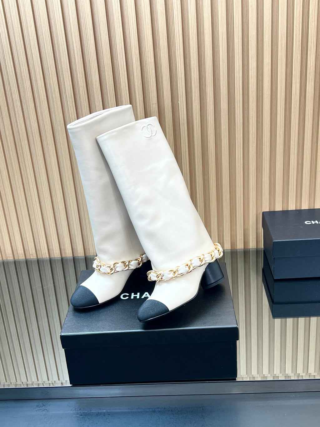 CHANEL 25S HIGH BOOTS 65MM IN WHITE CALFSKIN GOLD HARDWARE