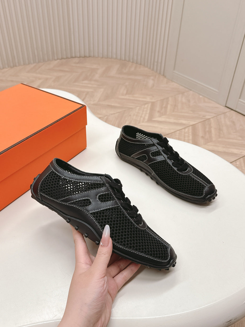 HERMES KIGA SNEAKER IN BLACK CROCHET KNIT AND CALFSKIN