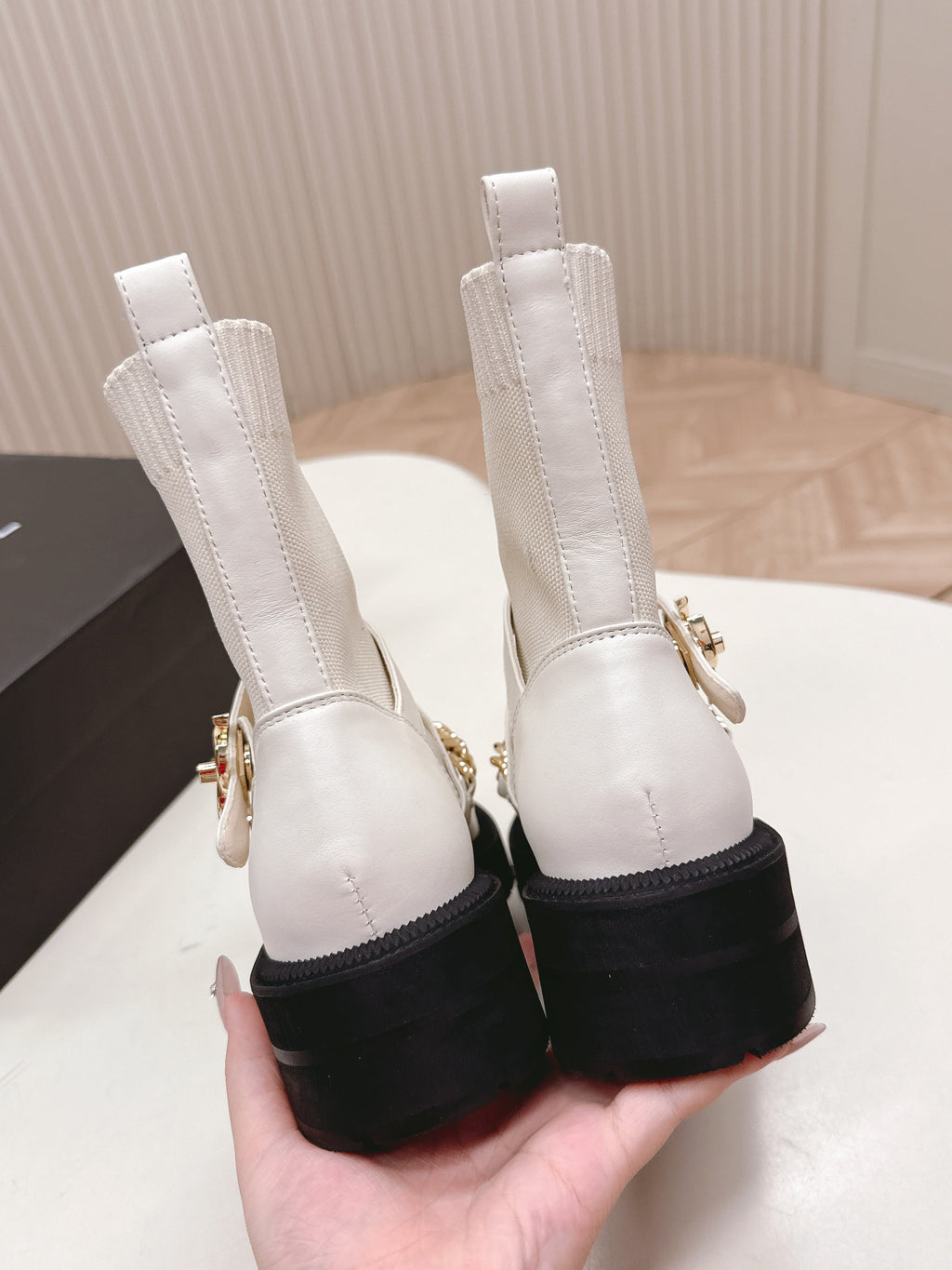 CHANEL ANKLE BOOTS 25S IN CREAM WHITE LAMBSKIN AND FABRIC WITH GOLD HARDWARE