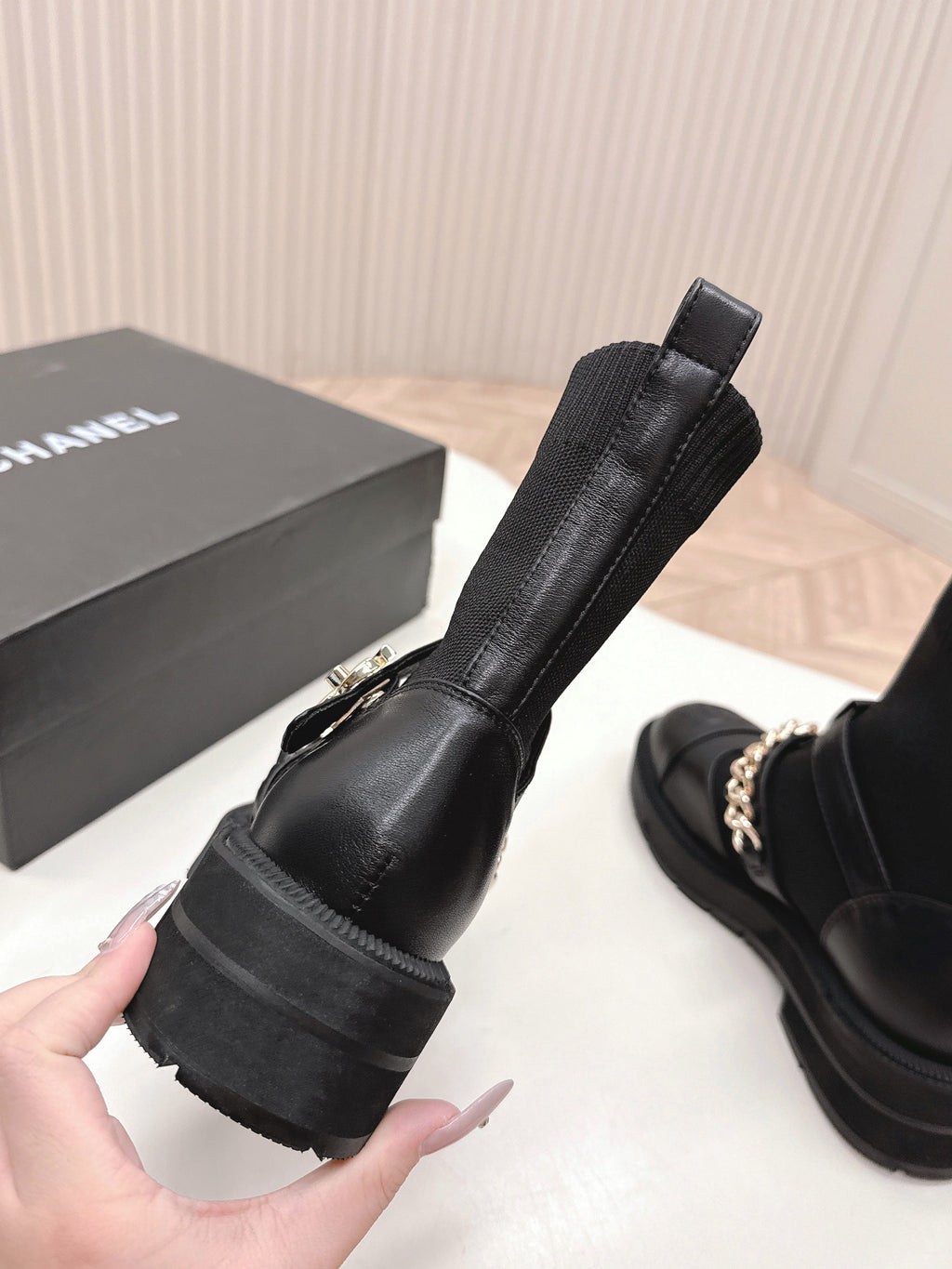 CHANEL ANKLE BOOTS 25S IN BLACK LAMBSKIN AND FABRIC WITH GOLD HARDWARE