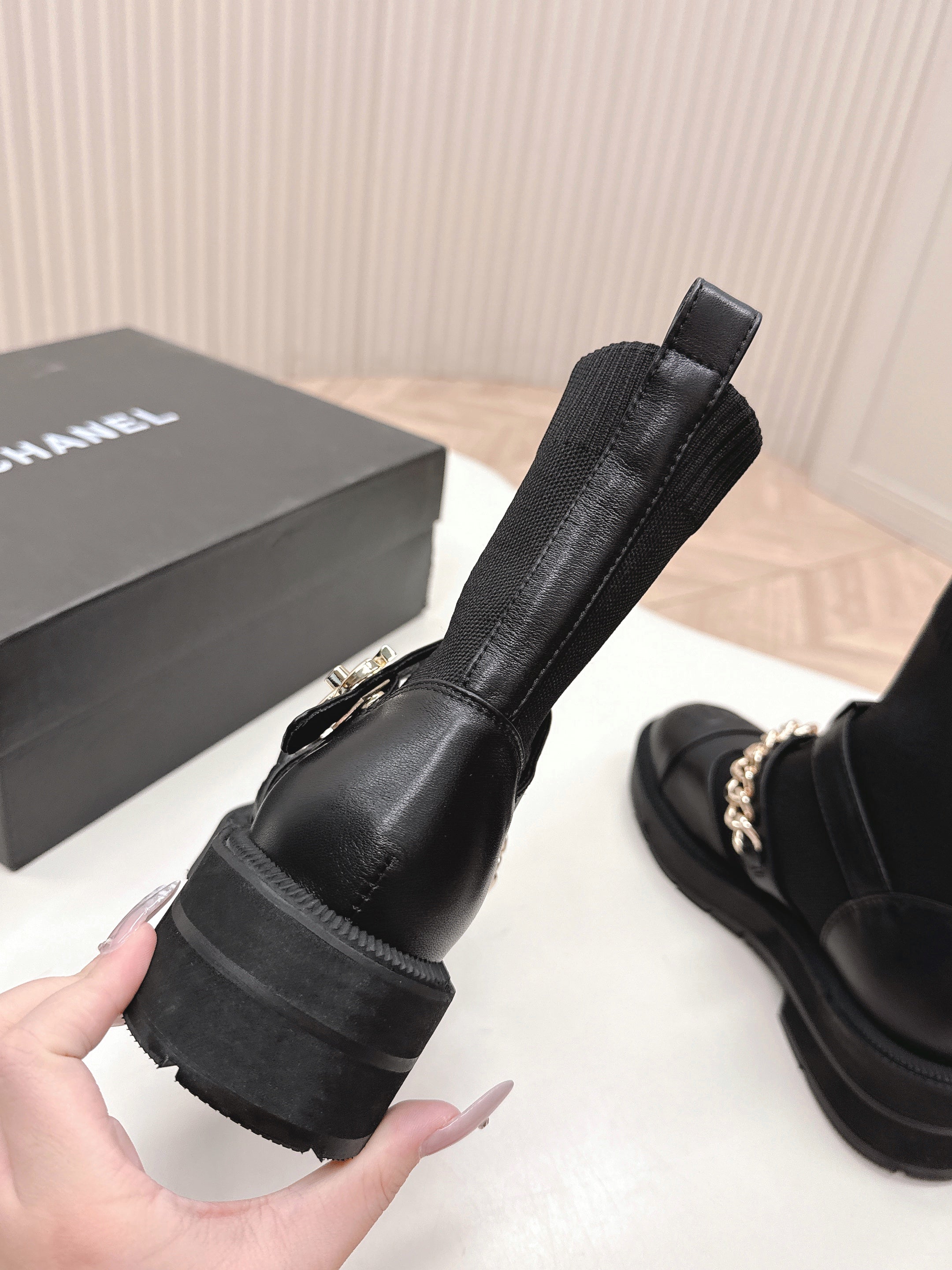 CHANEL ANKLE BOOTS 25S IN BLACK LAMBSKIN AND FABRIC WITH GOLD HARDWARE