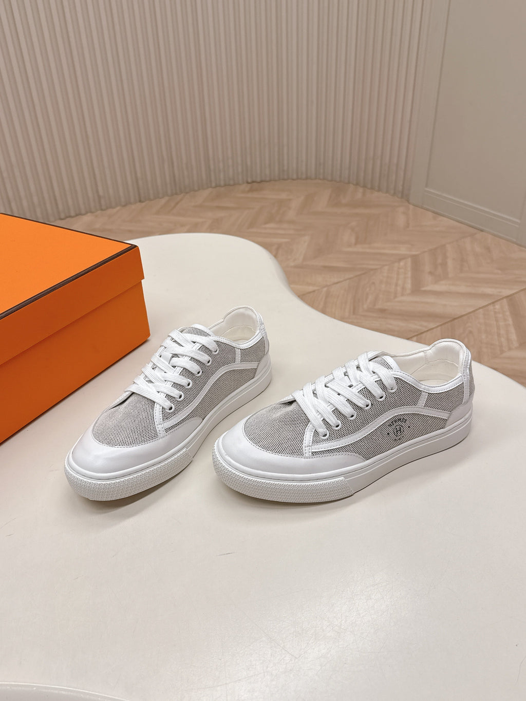 HERMES 25S SNEAKER LOW SPORTS IN GREY CANVAS MIX WHITE LAMBSKIN