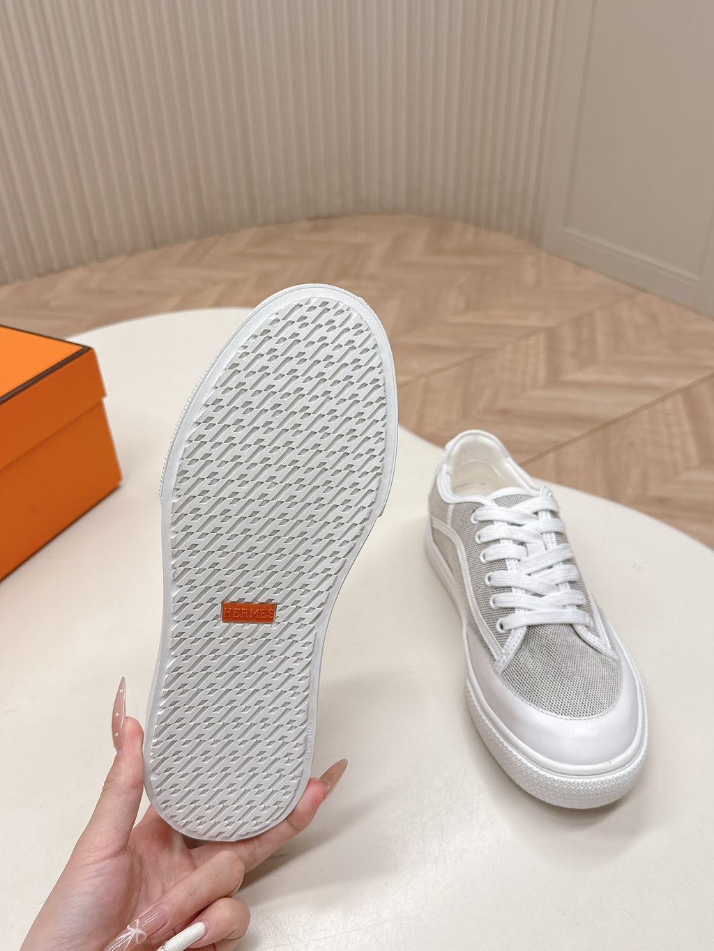 HERMES 25S SNEAKER LOW SPORTS IN GREY CANVAS MIX WHITE LAMBSKIN