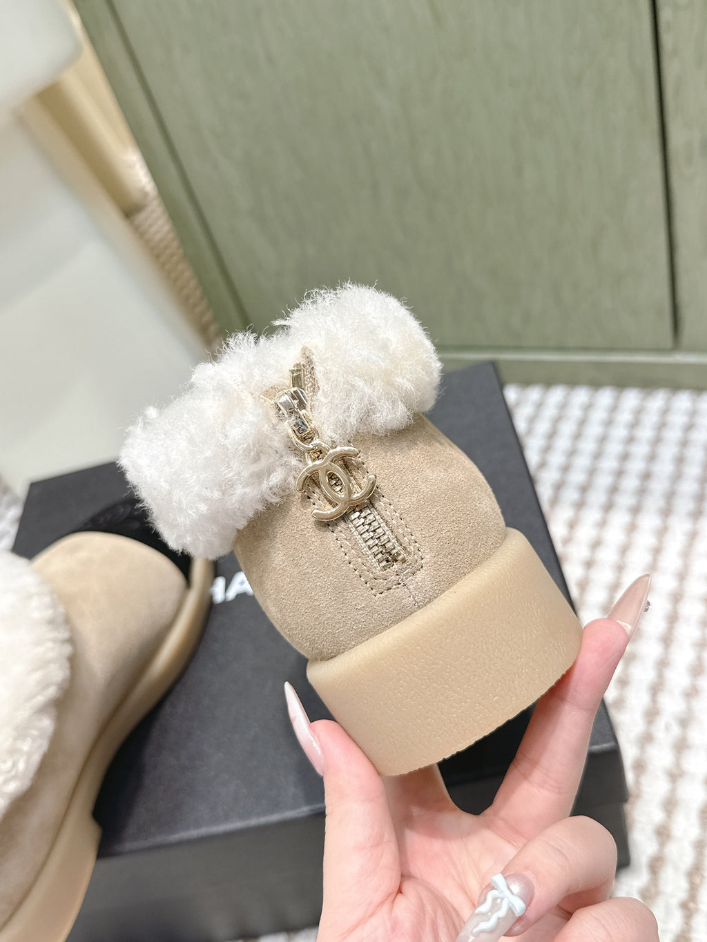 CHANEL 25S SHORT SUEDE BOOTS IN BEIGE AND BLACK WITH SHEEPSKIN LINING