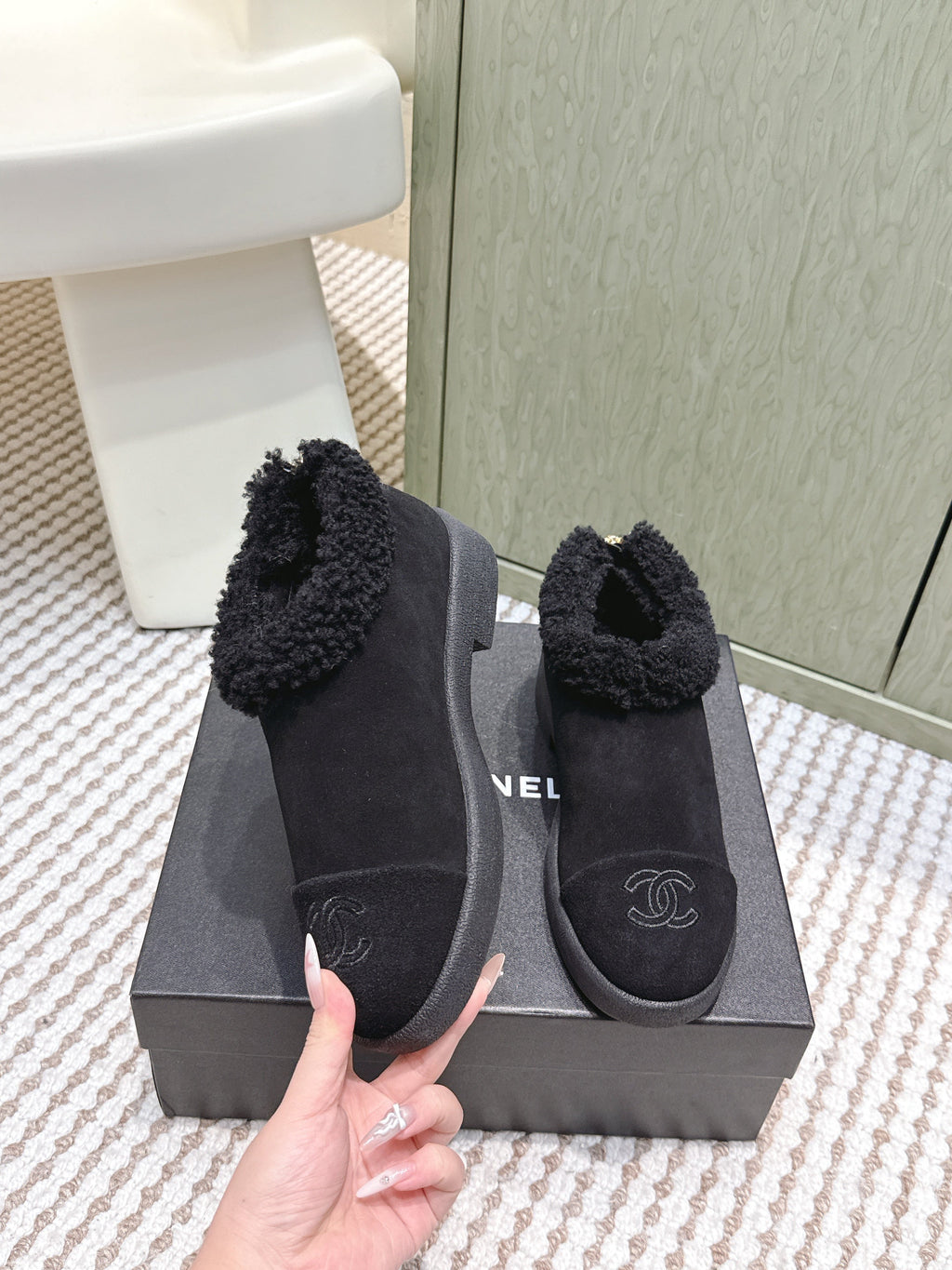 CHANEL 25S SHORT SUEDE BOOTS IN BLACK WITH SHEEPSKIN LINING