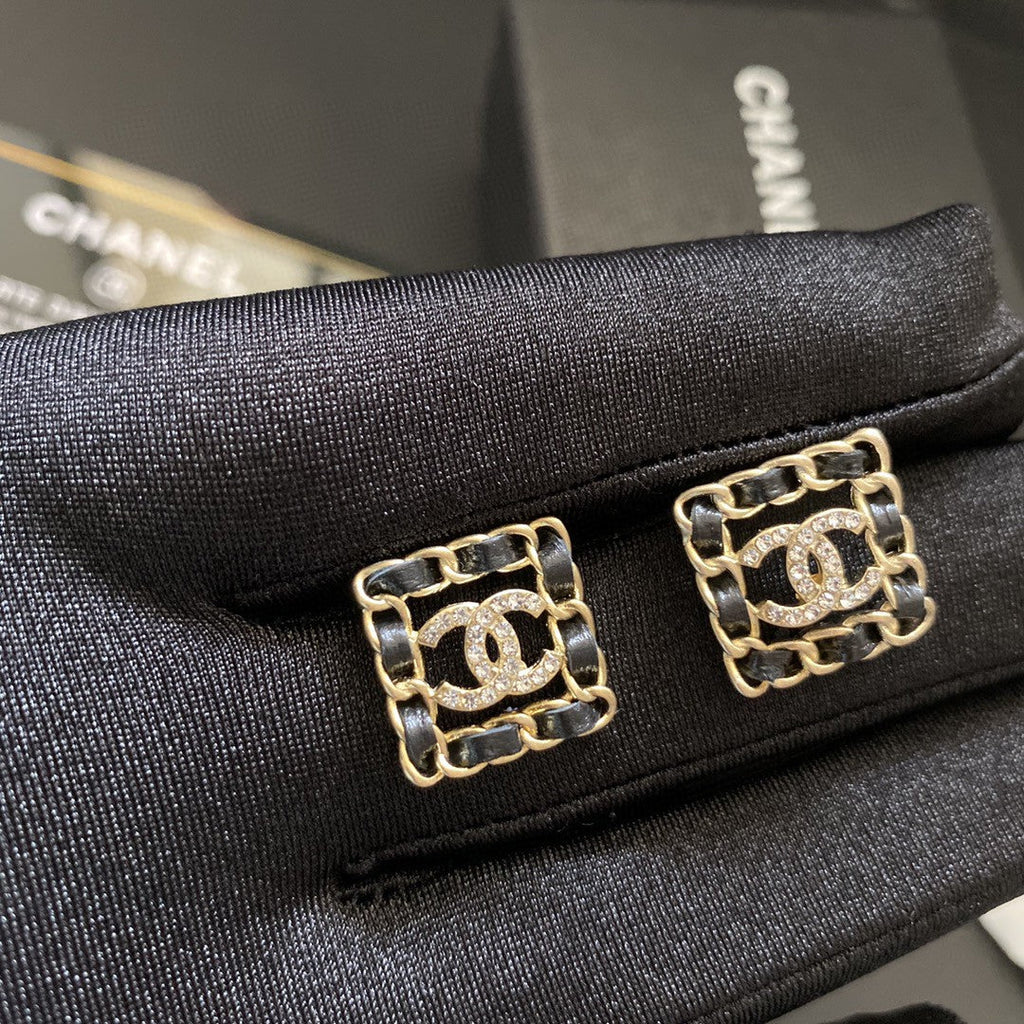 18K  Chanel Square Leather Earrings
