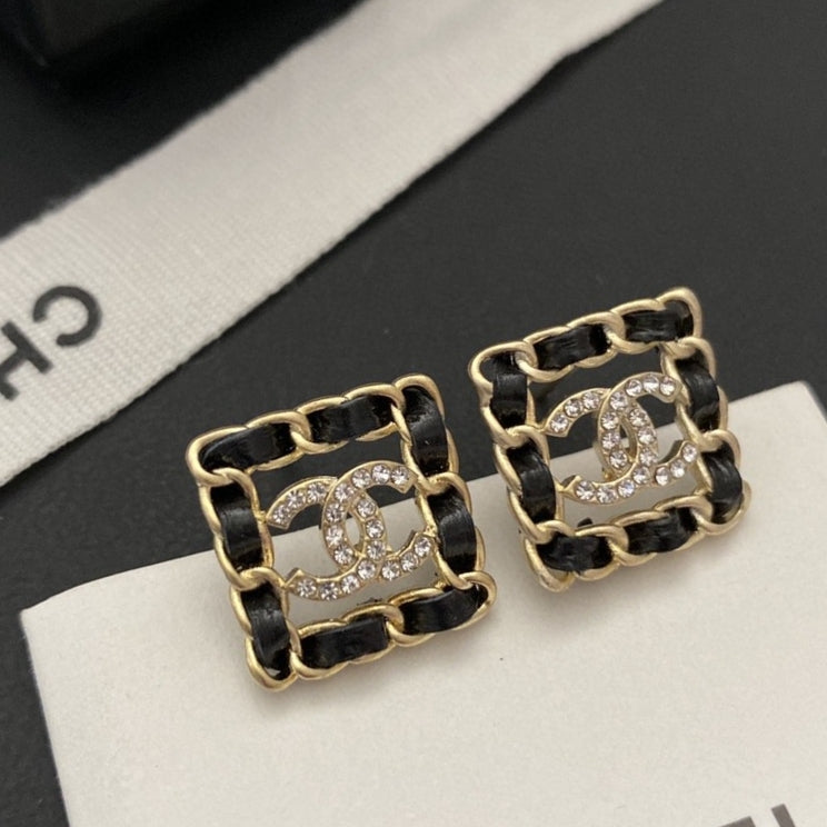 18K  Chanel Square Leather Earrings