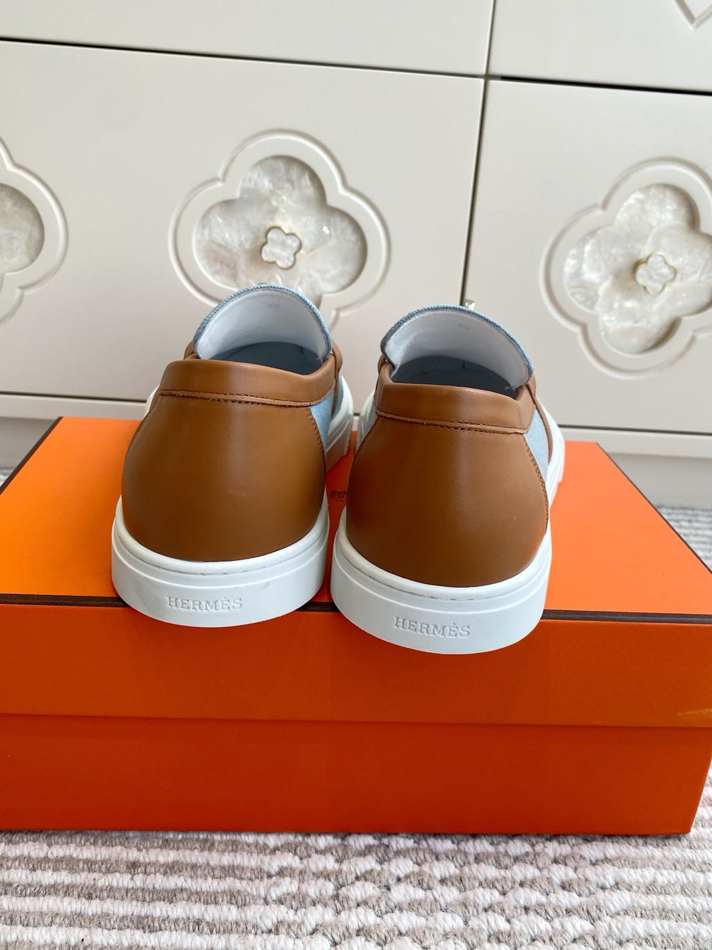 HERMES 25S SLIP-ON IN SKY BLUE CANVAS AND BROWN LAMBSKIN WITH SILVER HARDWARE