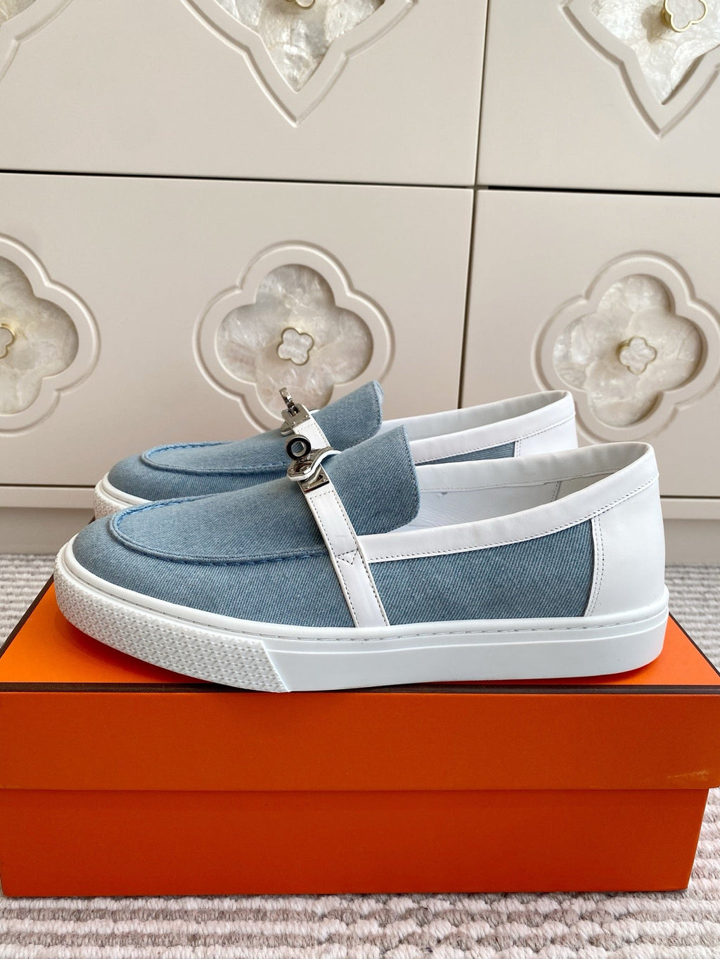 HERMES 25S SLIP-ON IN SKY BLUE CANVAS WITH SILVER HARDWARE