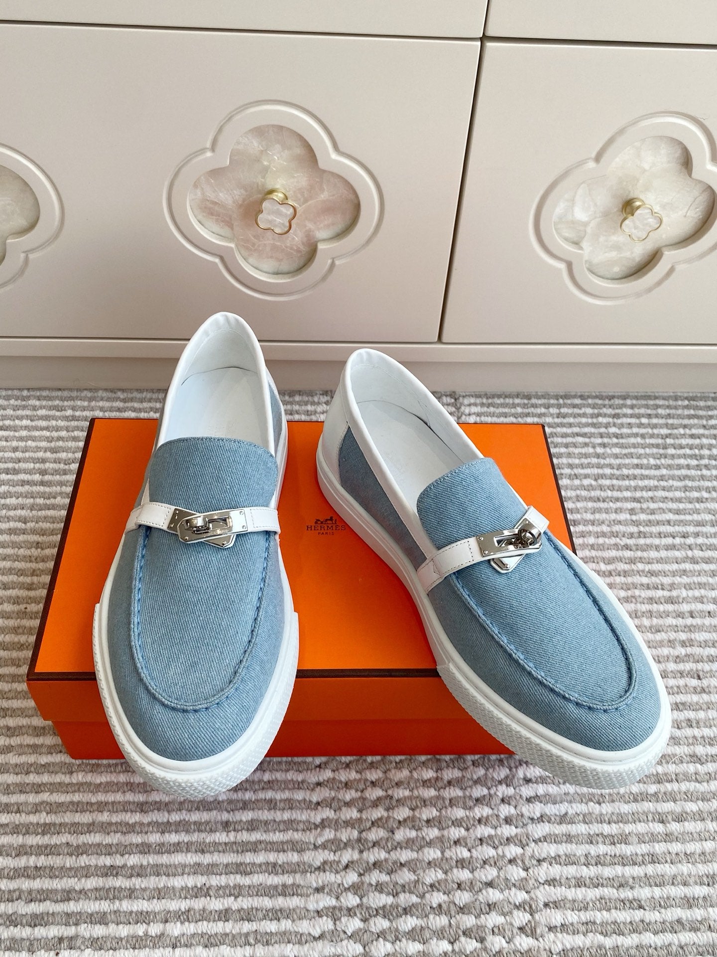 HERMES 25S SLIP-ON IN SKY BLUE CANVAS WITH SILVER HARDWARE
