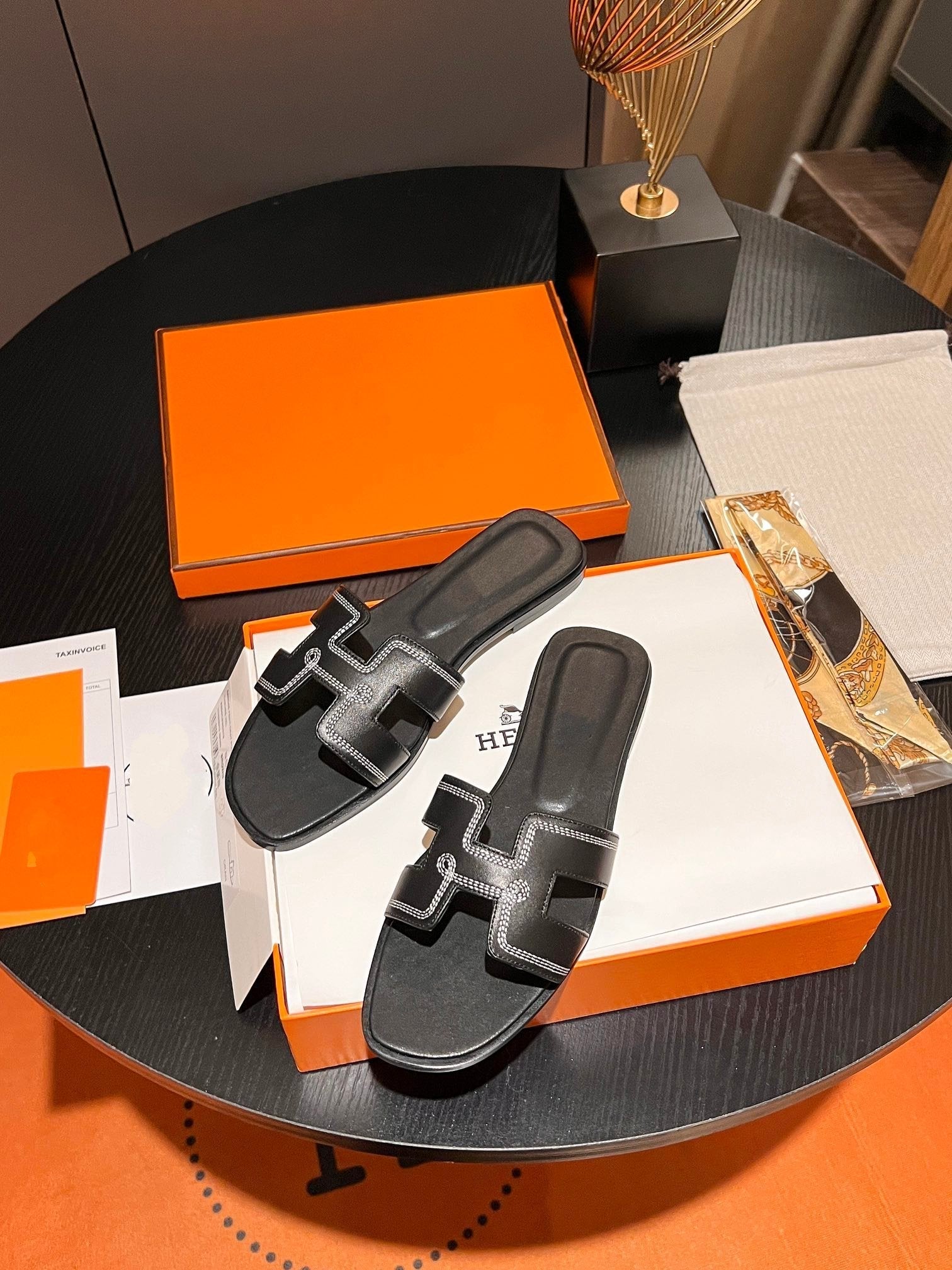 HERMES 0RAN SANDAL Calfskin Black