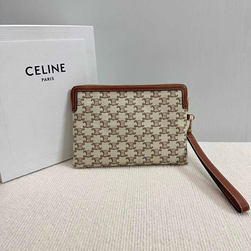 CELINE SMALL POUCH 25 IN BEIGE TRIOMPHE TEXTILE AND BROWN CALFSKIN