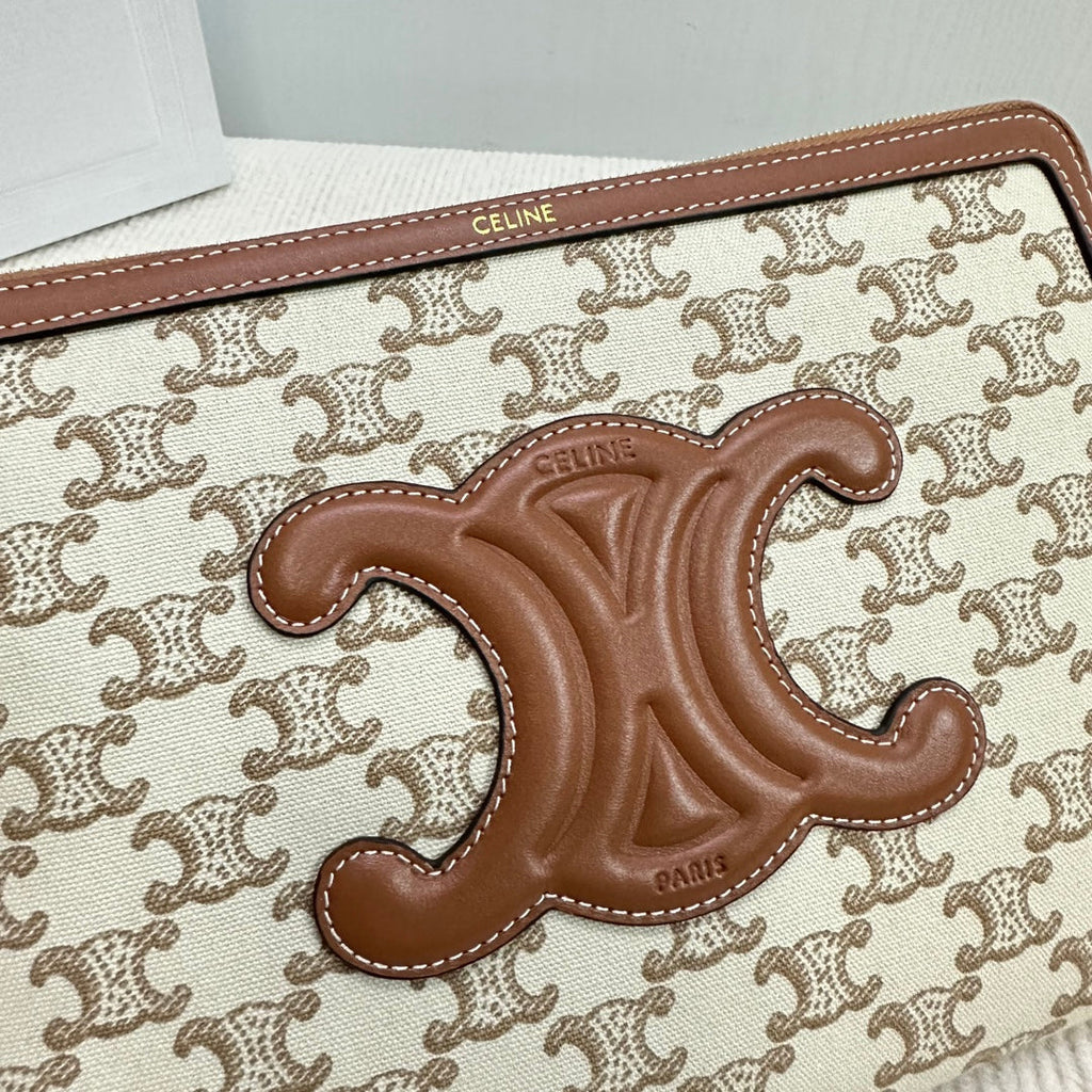 CELINE SMALL POUCH 25 IN BEIGE TRIOMPHE TEXTILE AND BROWN CALFSKIN