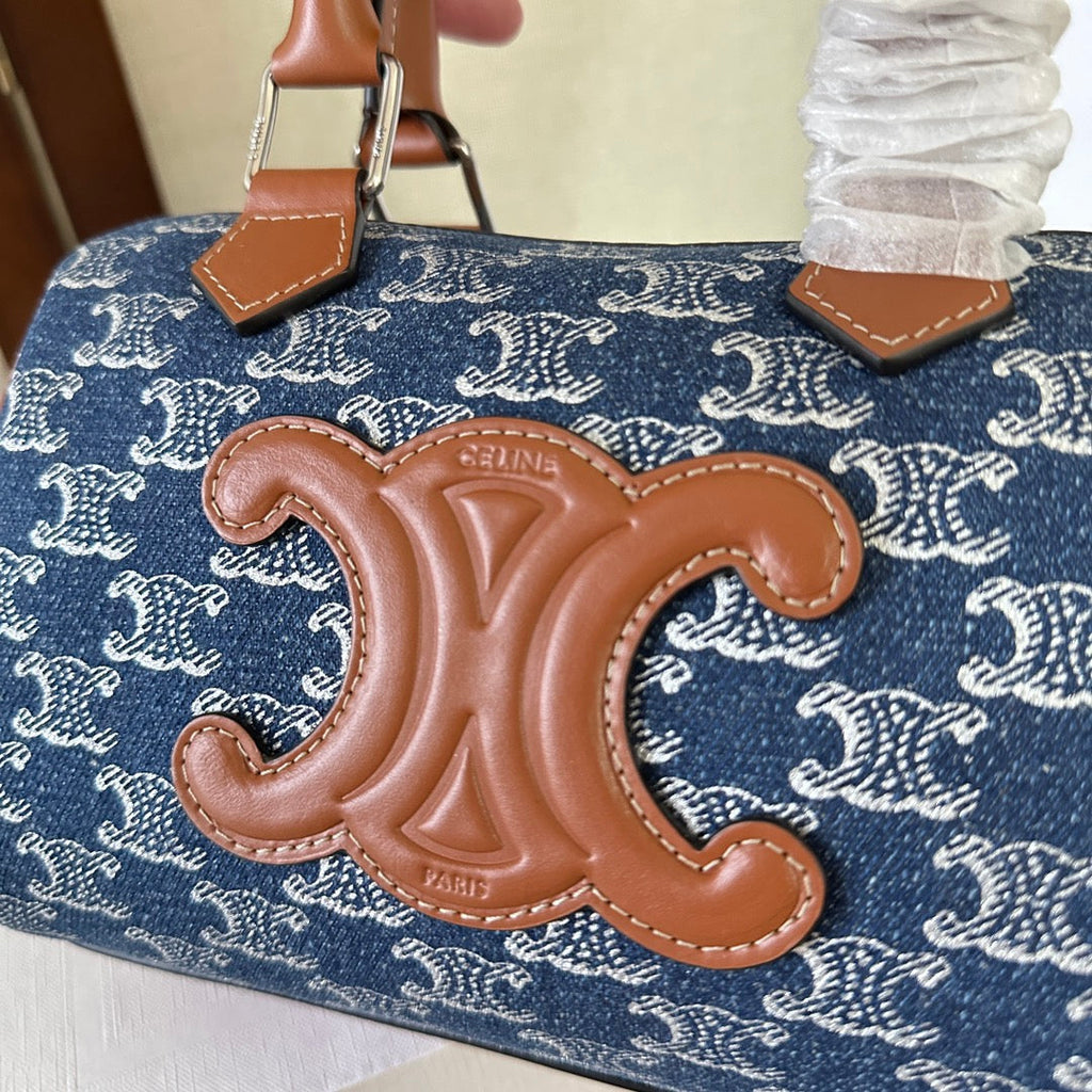 CELINE SMALL BOSTON 19 IN SPACE BLUE TRIOMPHE DENIM AND BROWN CALFSKIN TRIM