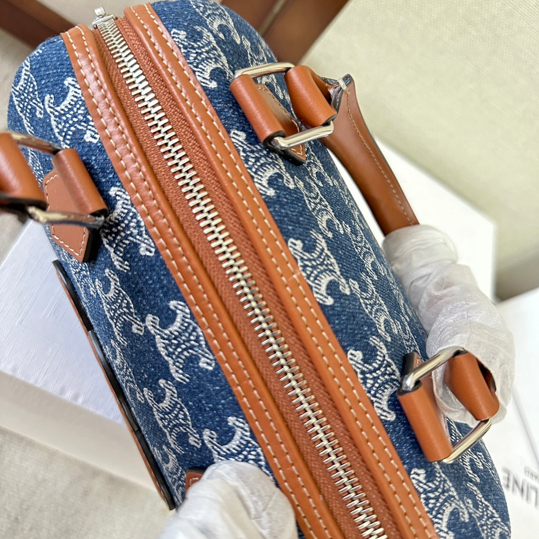 CELINE SMALL BOSTON 19 IN SPACE BLUE TRIOMPHE DENIM AND BROWN CALFSKIN TRIM