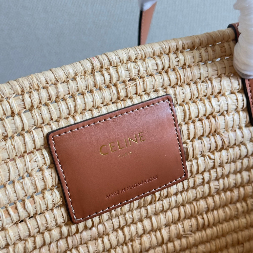 CELINE CLASSIC PANIER MEDIUM BRAIDED TRIOMPHE 47 IN BEIGE RAFFIA AND CALFSKIN
