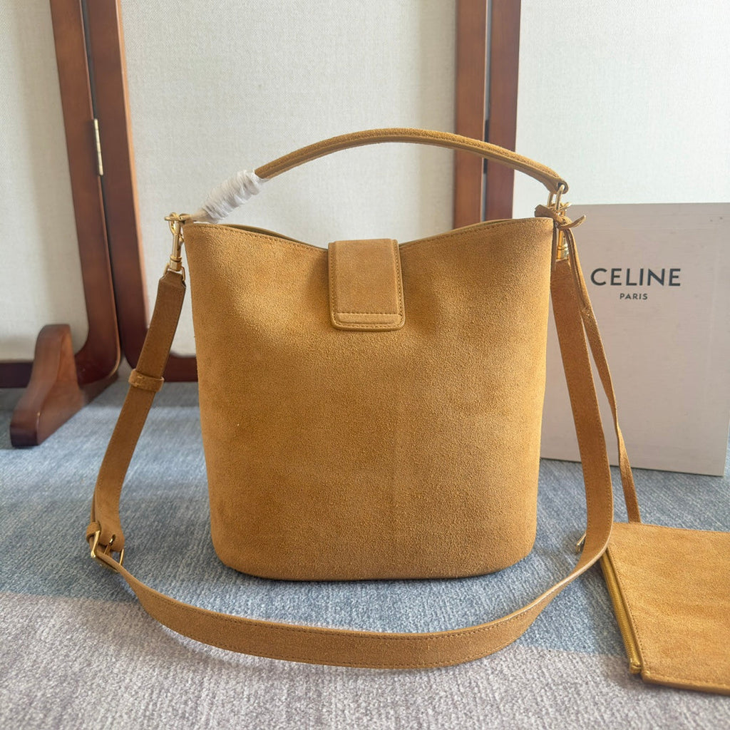 CELINE MINI BUCKET LOUISE 25 CARAMEL BROWN IN NUBUCK