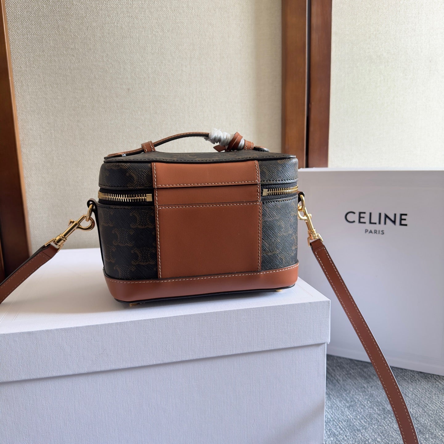 CELINE VANITY 18 IN BLACK TRIOMPHE CANVAS AND BROWN CALFSKIN GOLD HARDWARE