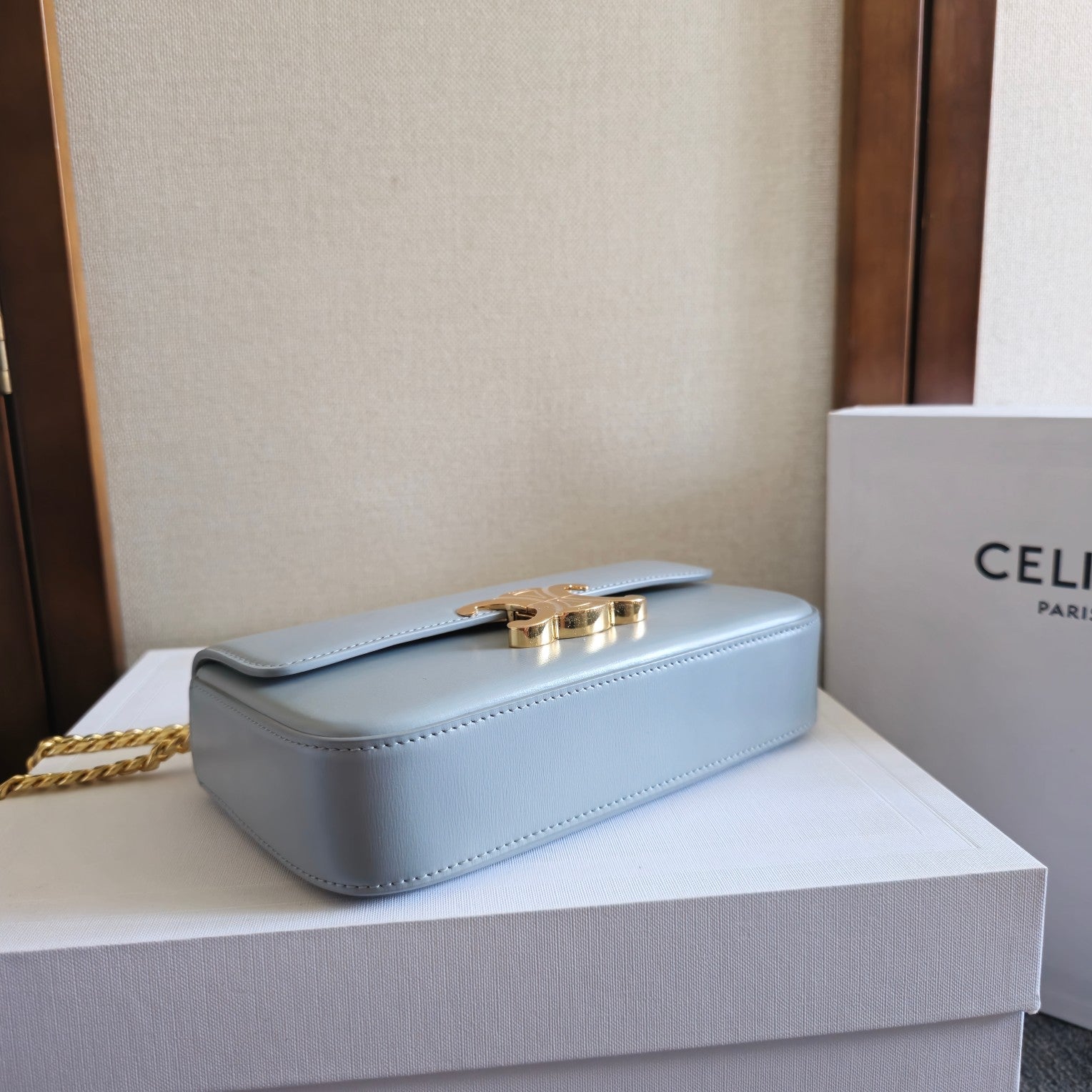 CELINE CHAIN EMBOSSED ARMPIT BAG 20 IN COOL GRAY BLUE CALFSKIN