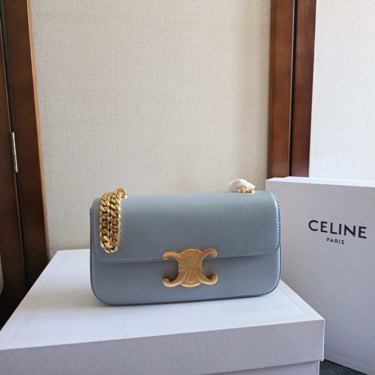 CELINE CHAIN EMBOSSED ARMPIT BAG 20 IN COOL GRAY BLUE CALFSKIN